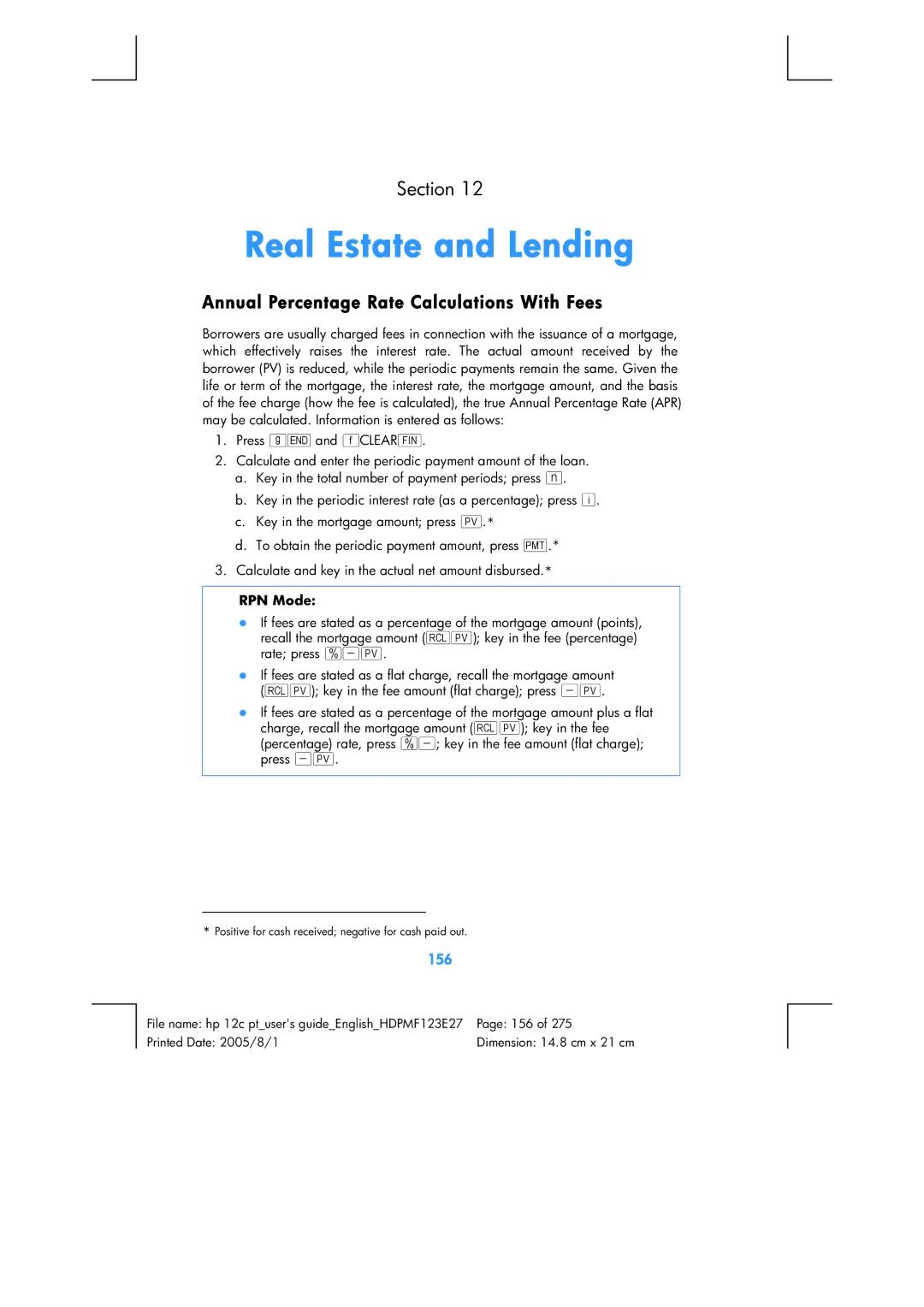 HP 12C Financial 12C manual Real Estate and Lending, Annual Percentage Rate Calculations With Fees, 156 