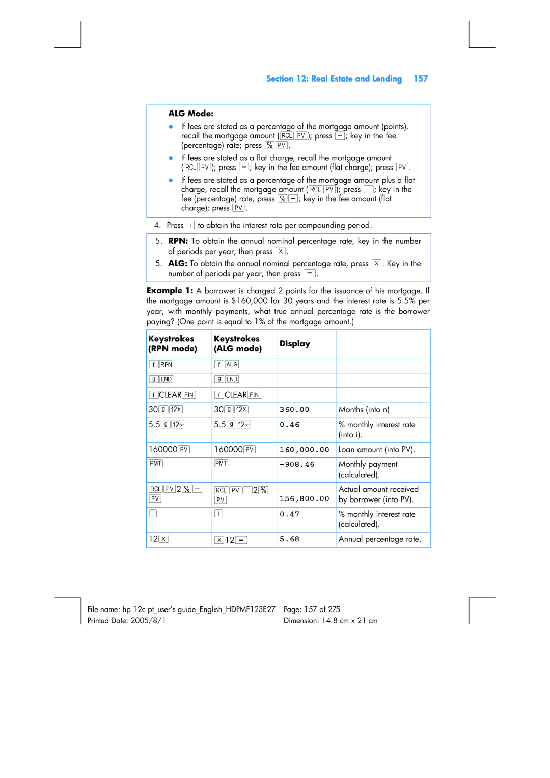 HP 12C Financial 12C manual Real Estate and Lending, 160,000.00, 908.46, 156,800.00 