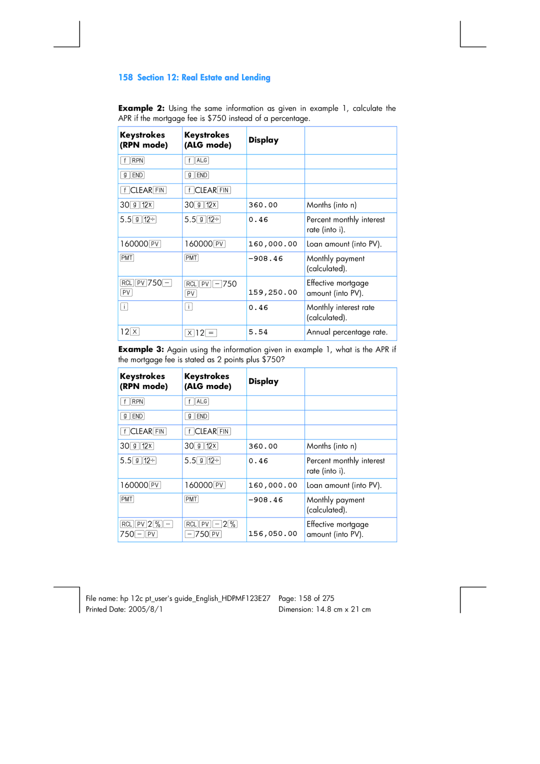 HP 12C Financial 12C manual 159,250.00, 156,050.00 