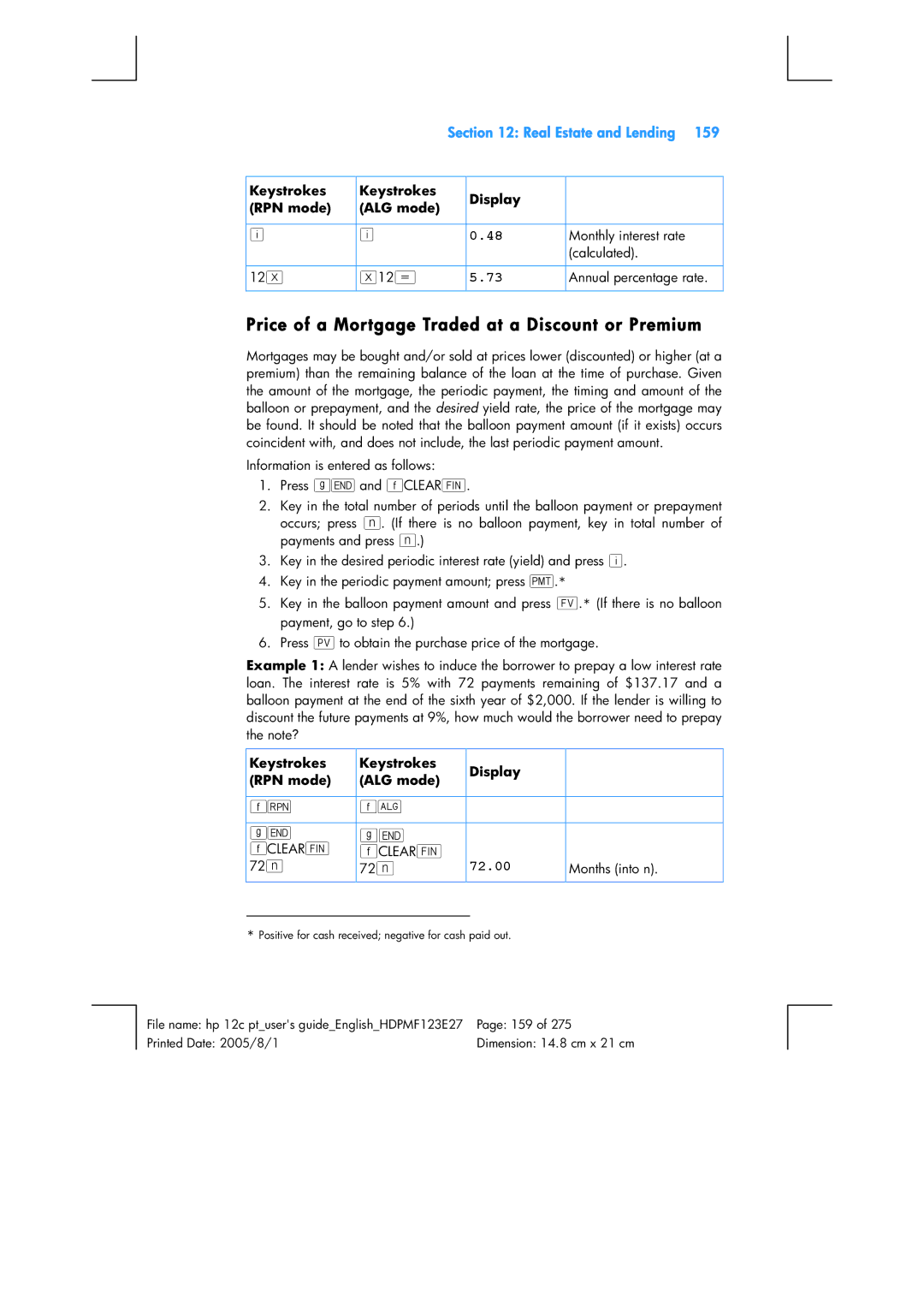 HP 12C Financial 12C manual Price of a Mortgage Traded at a Discount or Premium, 72.00, 72n 