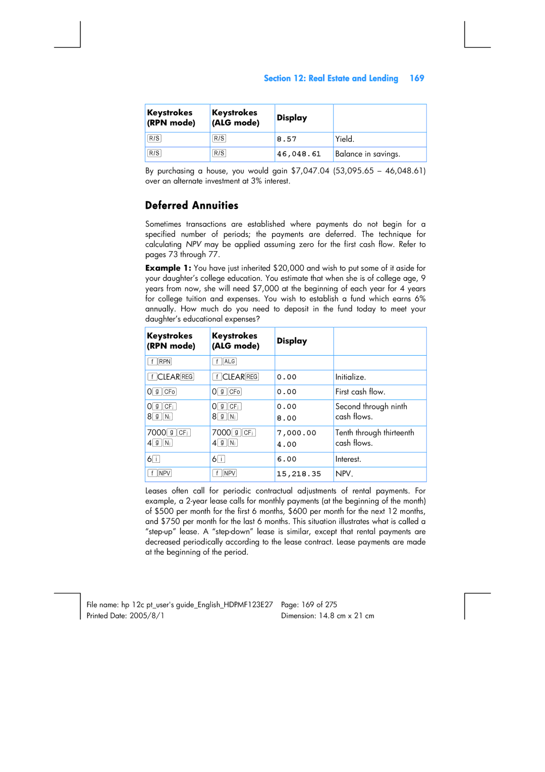 HP 12C Financial 12C manual Deferred Annuities, 46,048.61, 15,218.35, Keystrokes Display RPN mode ALG mode Yield 