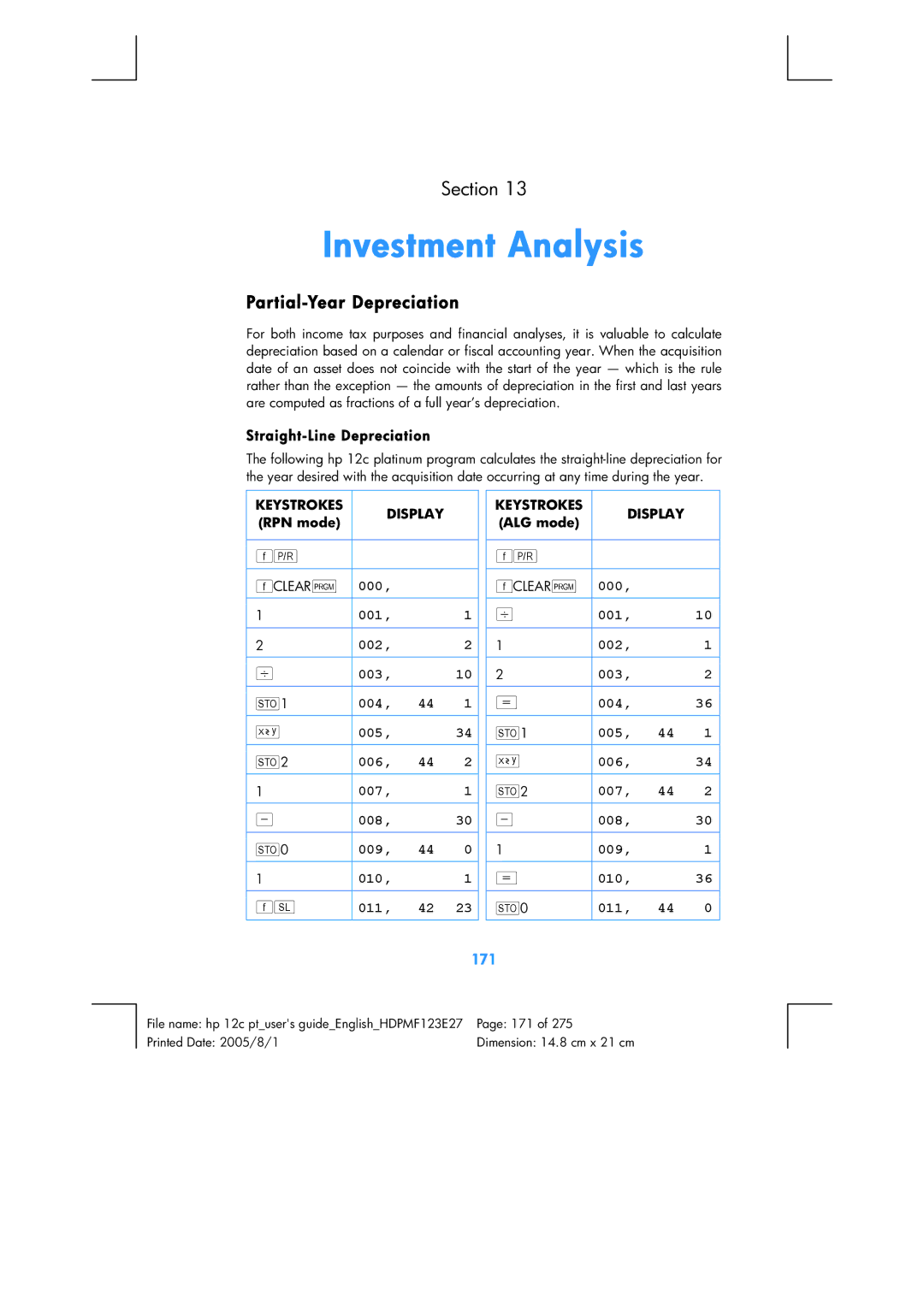 HP 12C Financial 12C manual Investment Analysis, Partial-Year Depreciation, Straight-Line Depreciation, 171 