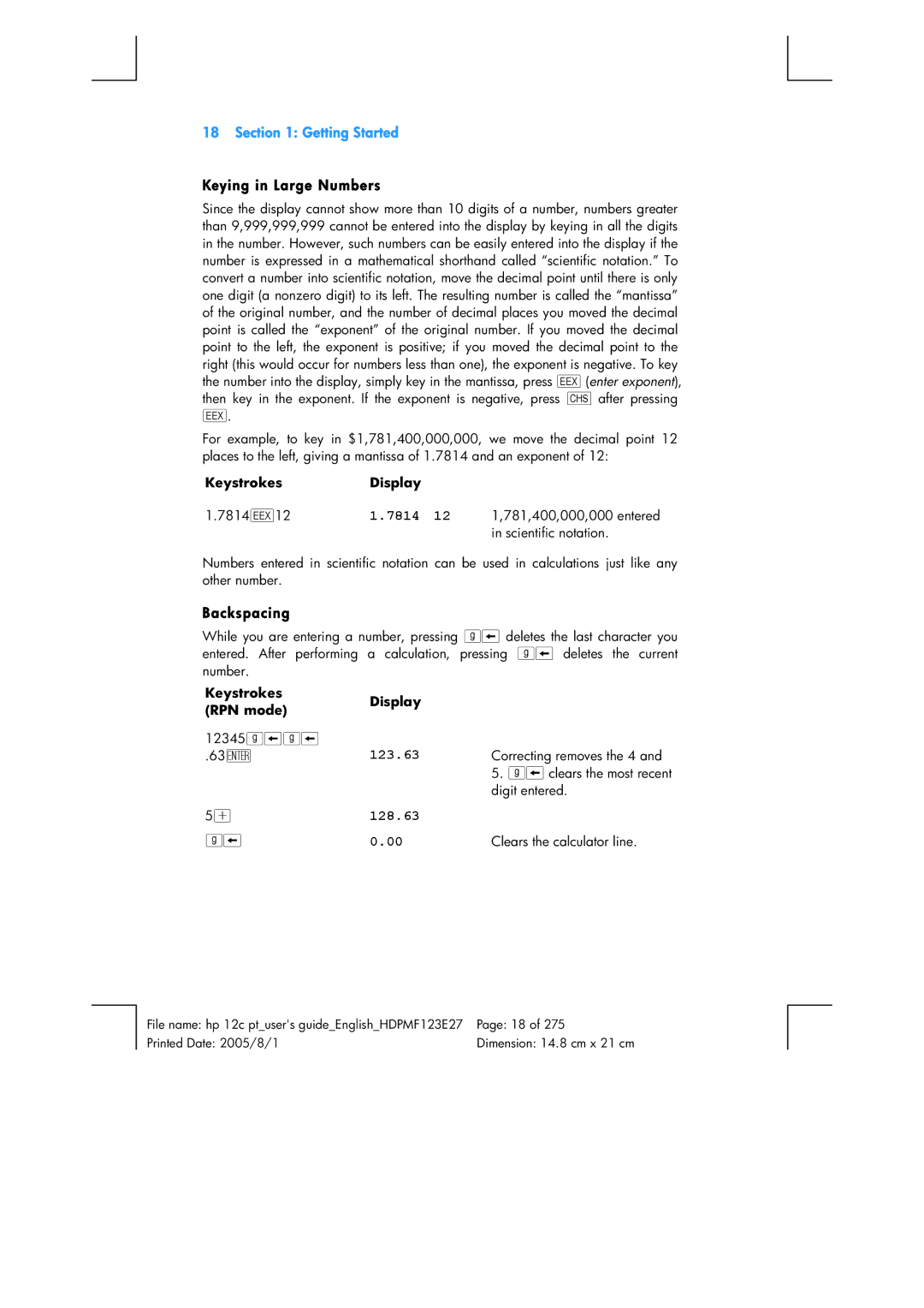 HP 12C Financial 12C manual Keying in Large Numbers, 7814, Backspacing, 123.63, 128.63 