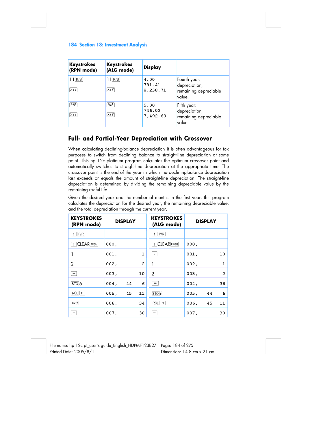 HP 12C Financial 12C manual Full- and Partial-Year Depreciation with Crossover 