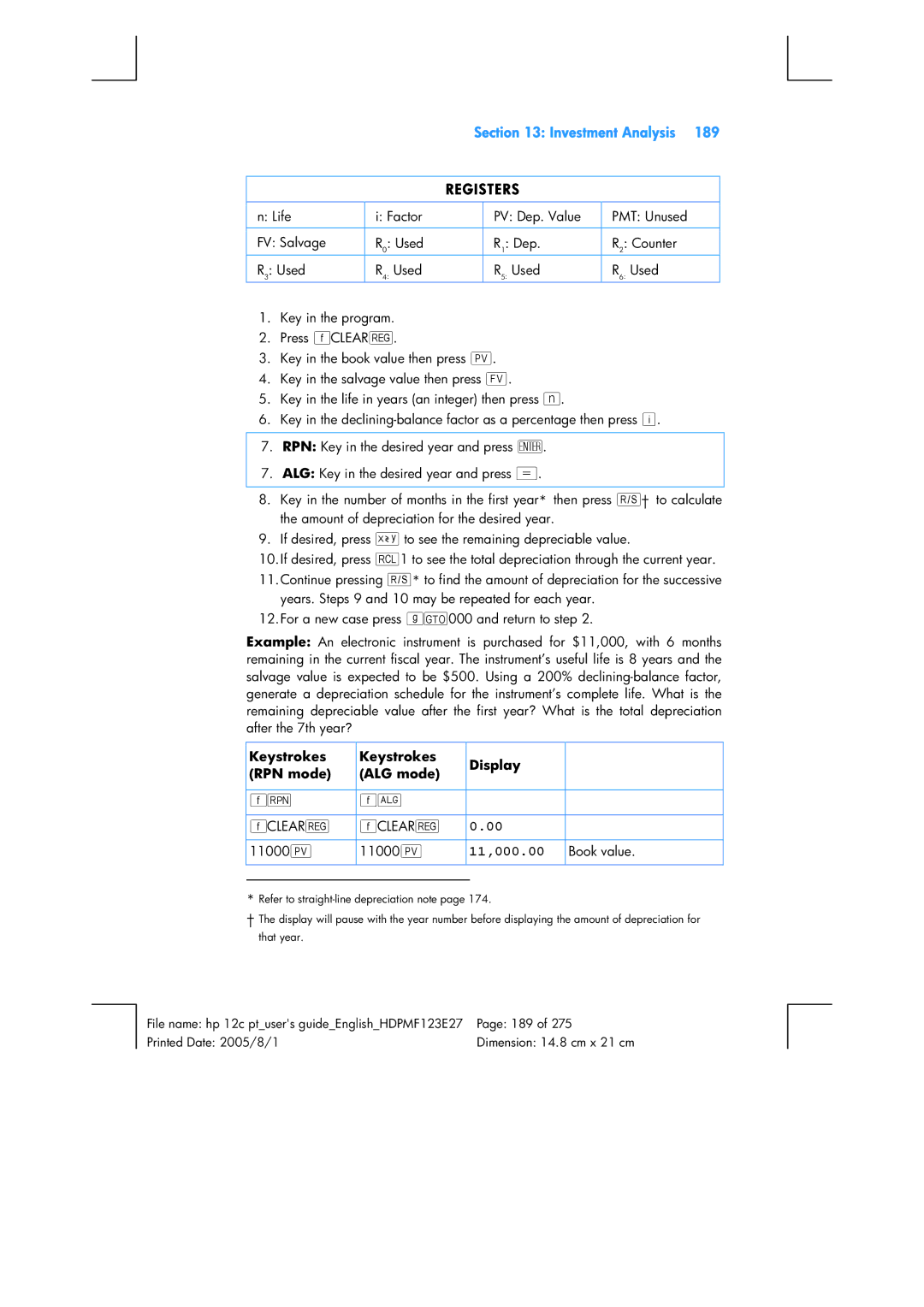 HP 12C Financial 12C manual 11,000.00, Keystrokes Display RPN mode ALG mode FCLEAR H 11000 $ 