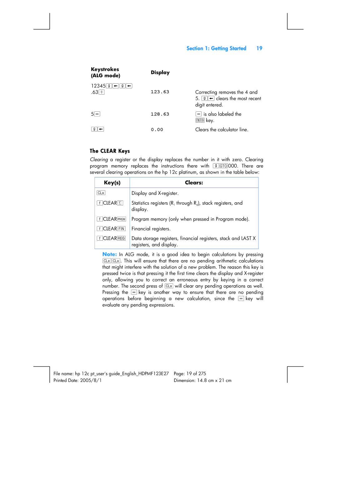 HP 12C Financial 12C manual 63+, Clear Keys, Keys Clears, KeystrokesDisplay ALG mode 