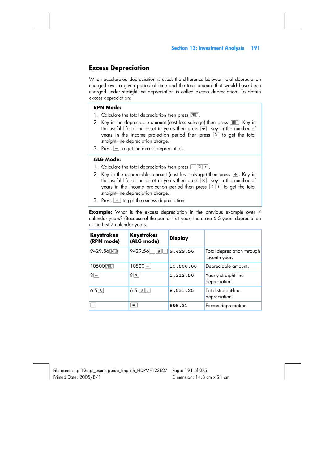 HP 12C Financial 12C manual Excess Depreciation, 10,500.00, 312.50, 531.25, 898.31 