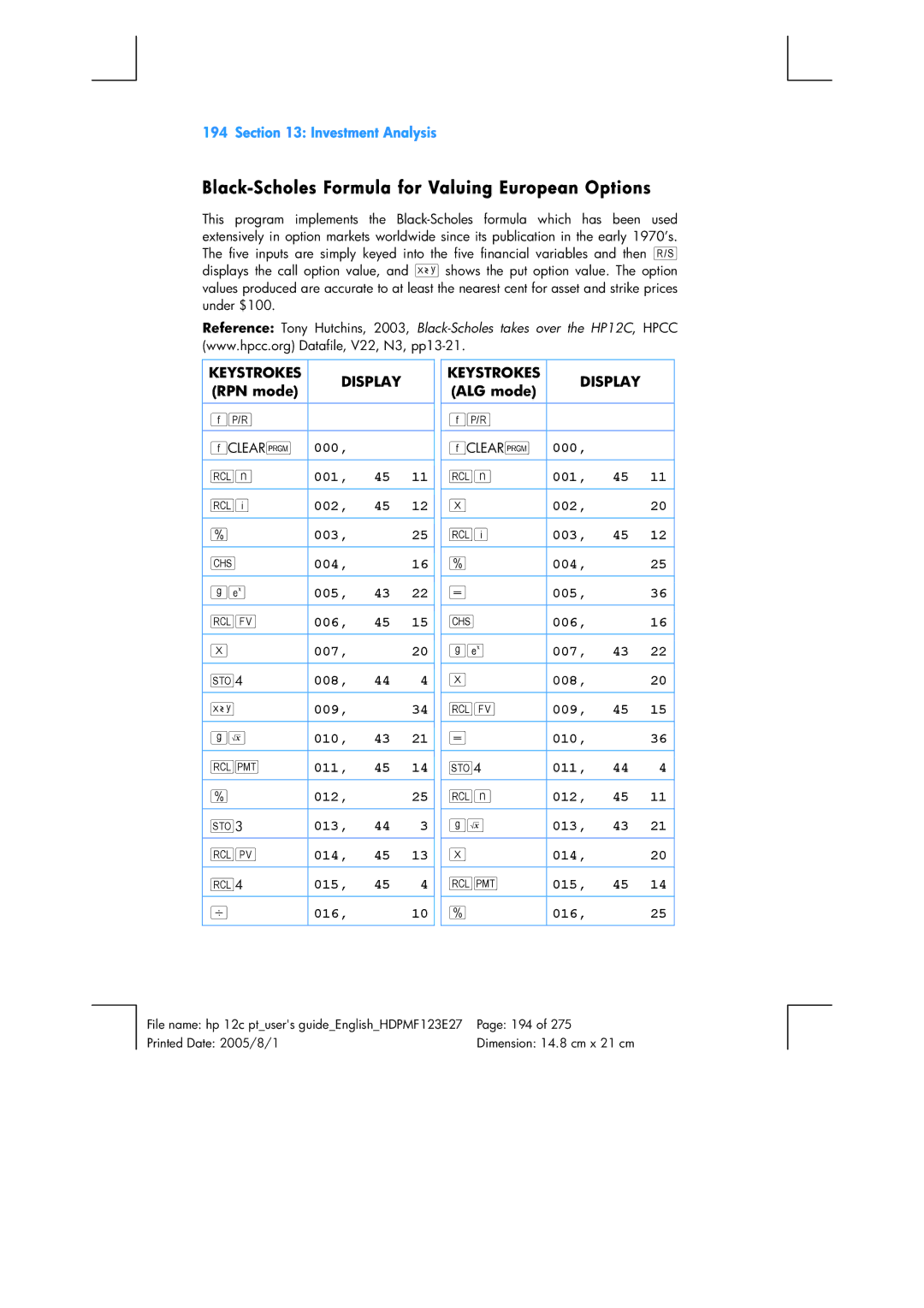 HP 12C Financial 12C manual Black-Scholes Formula for Valuing European Options, RPN mode 