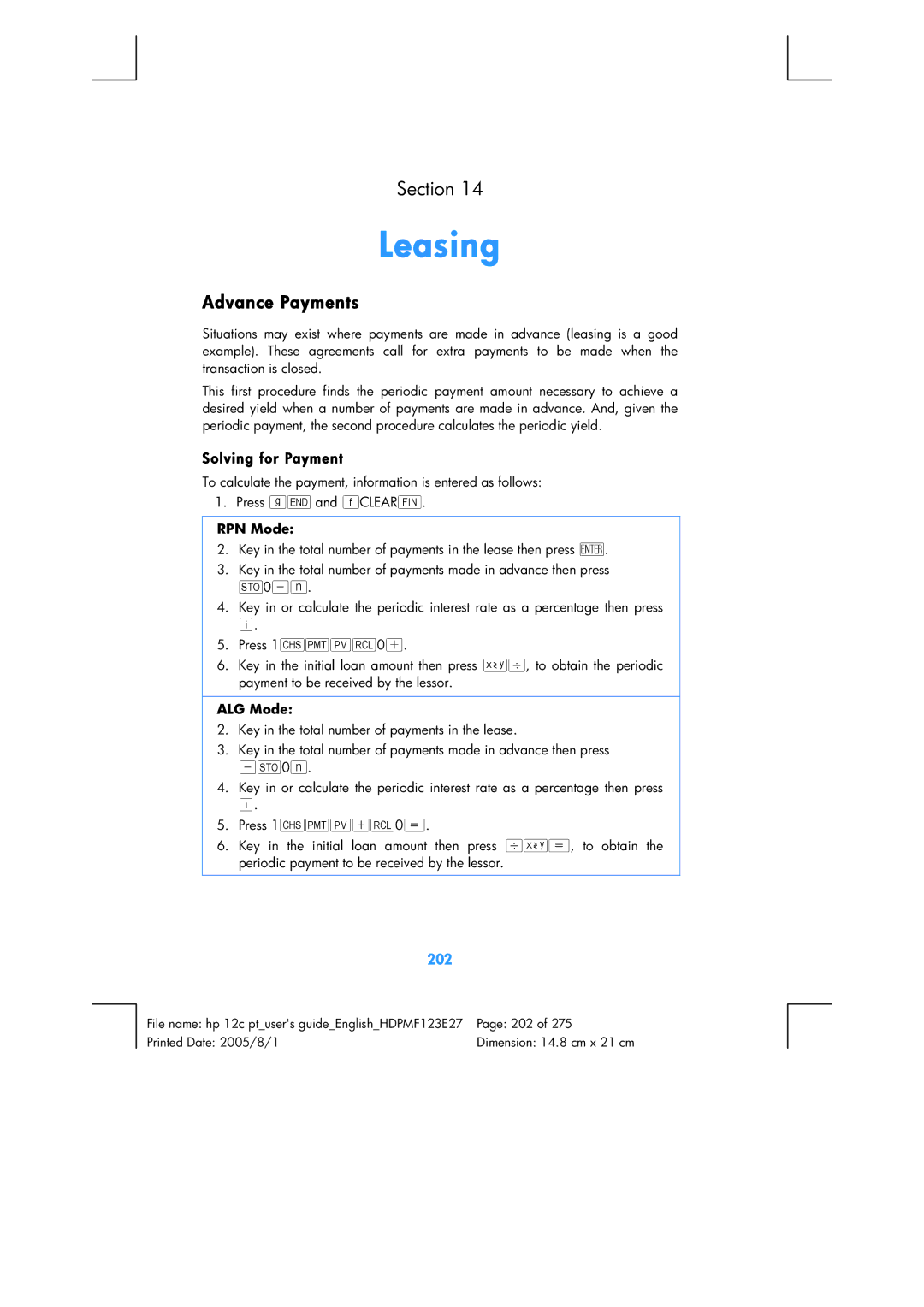 HP 12C Financial 12C manual Leasing, Advance Payments, Solving for Payment, 202 