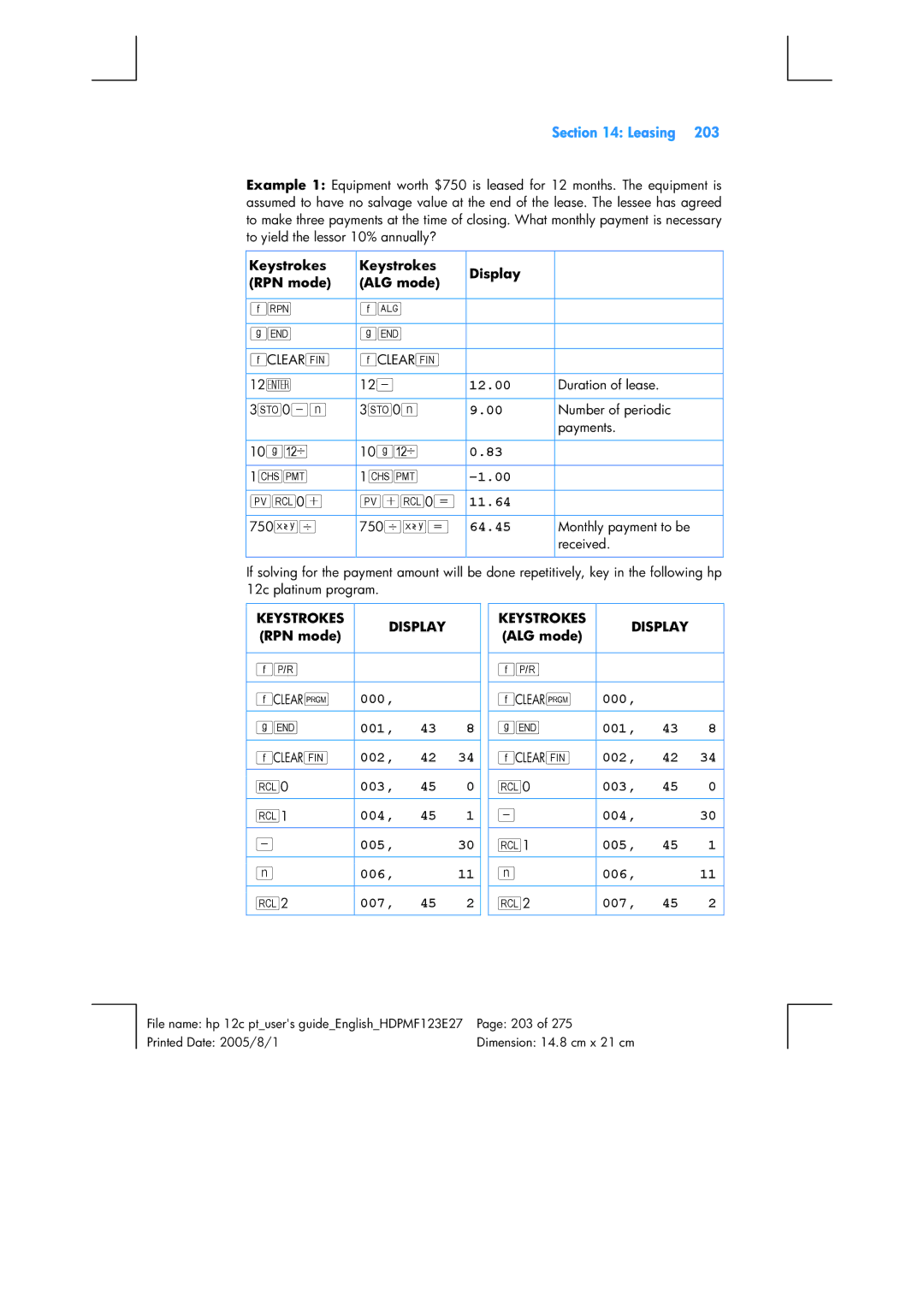 HP 12C Financial 12C manual Leasing, 11.64, 64.45, 000 001, 002 003 004 005 006 007 