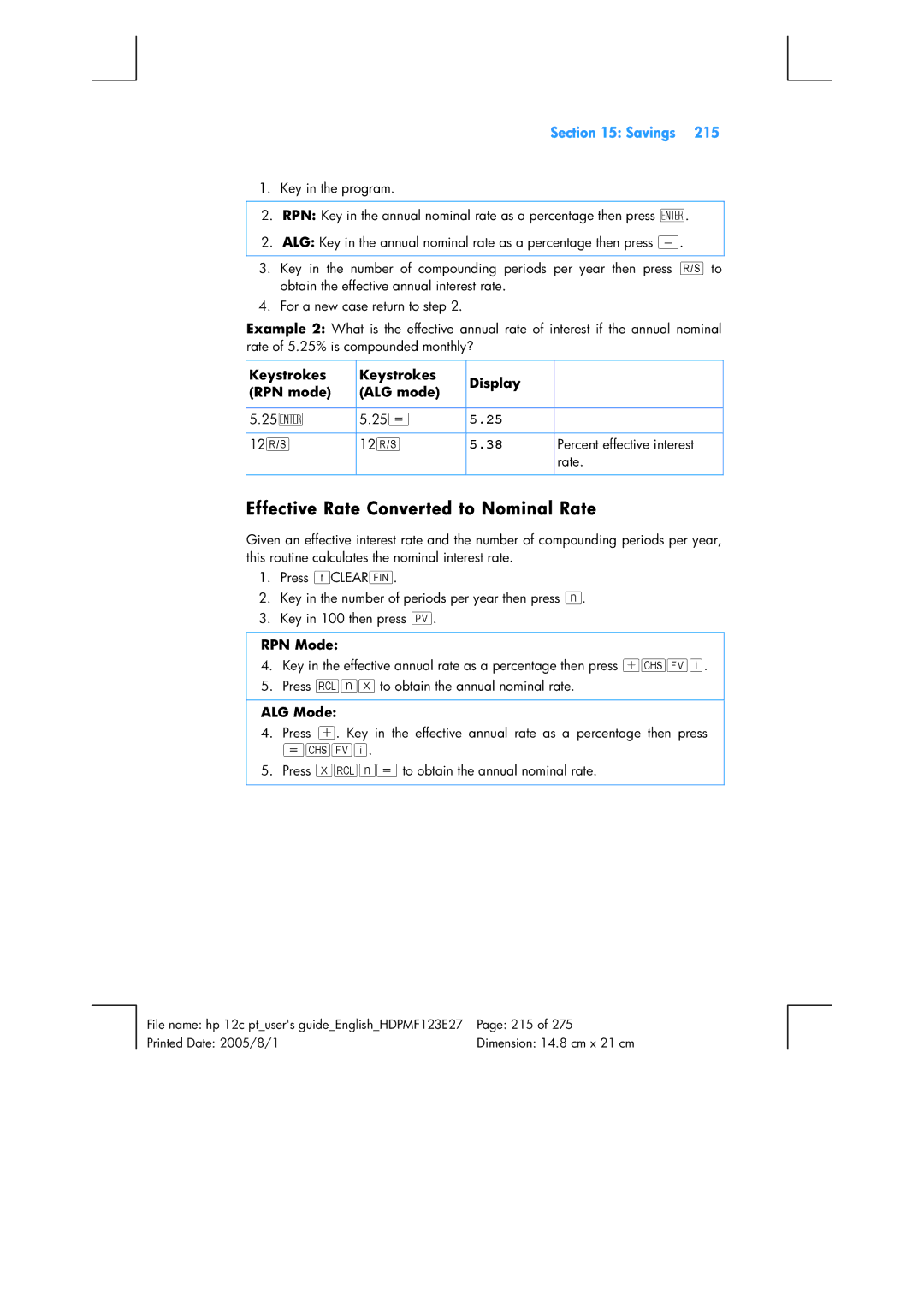 HP 12C Financial 12C manual Effective Rate Converted to Nominal Rate, ³ÞM¼ 