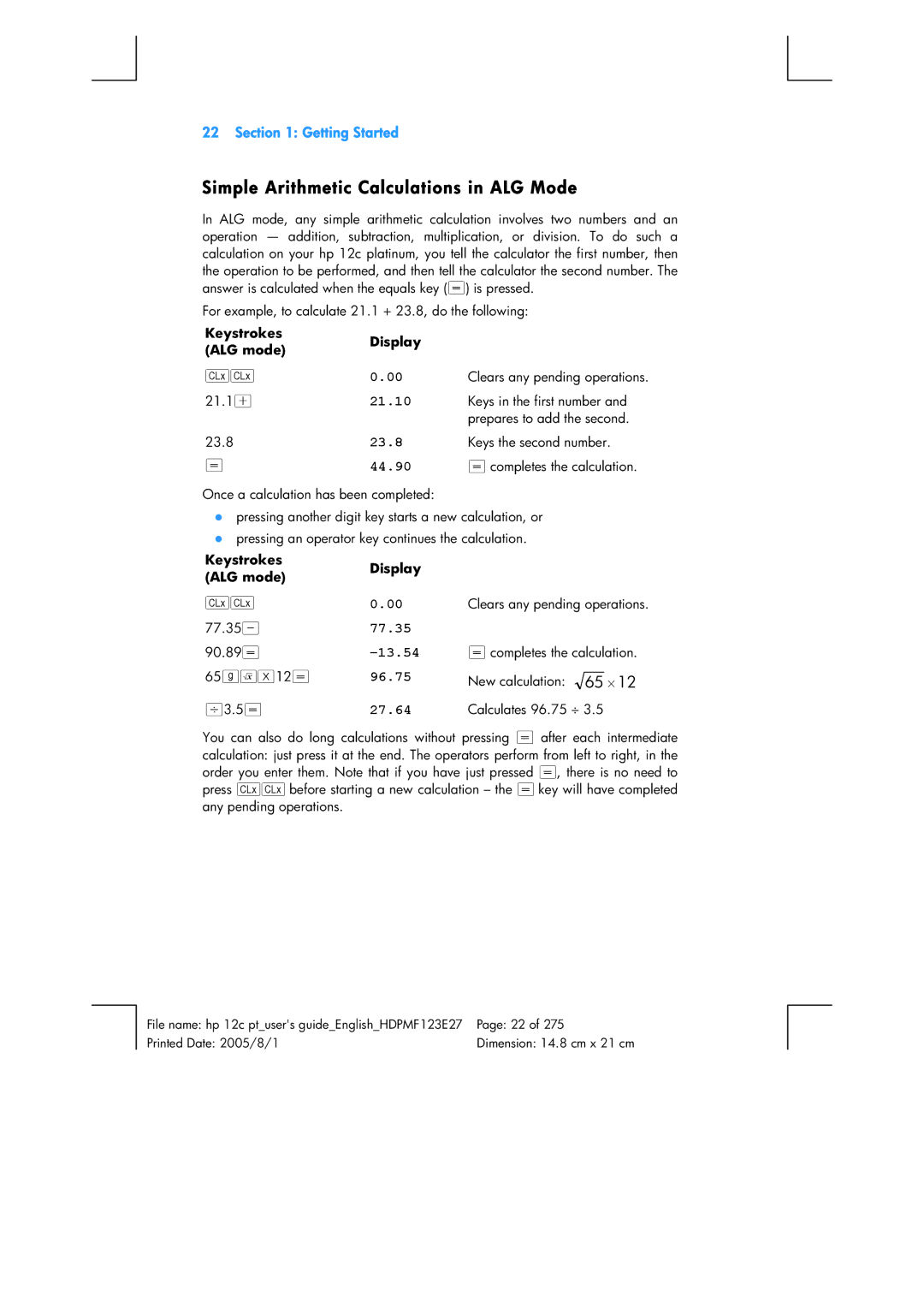 HP 12C Financial 12C manual Simple Arithmetic Calculations in ALG Mode 