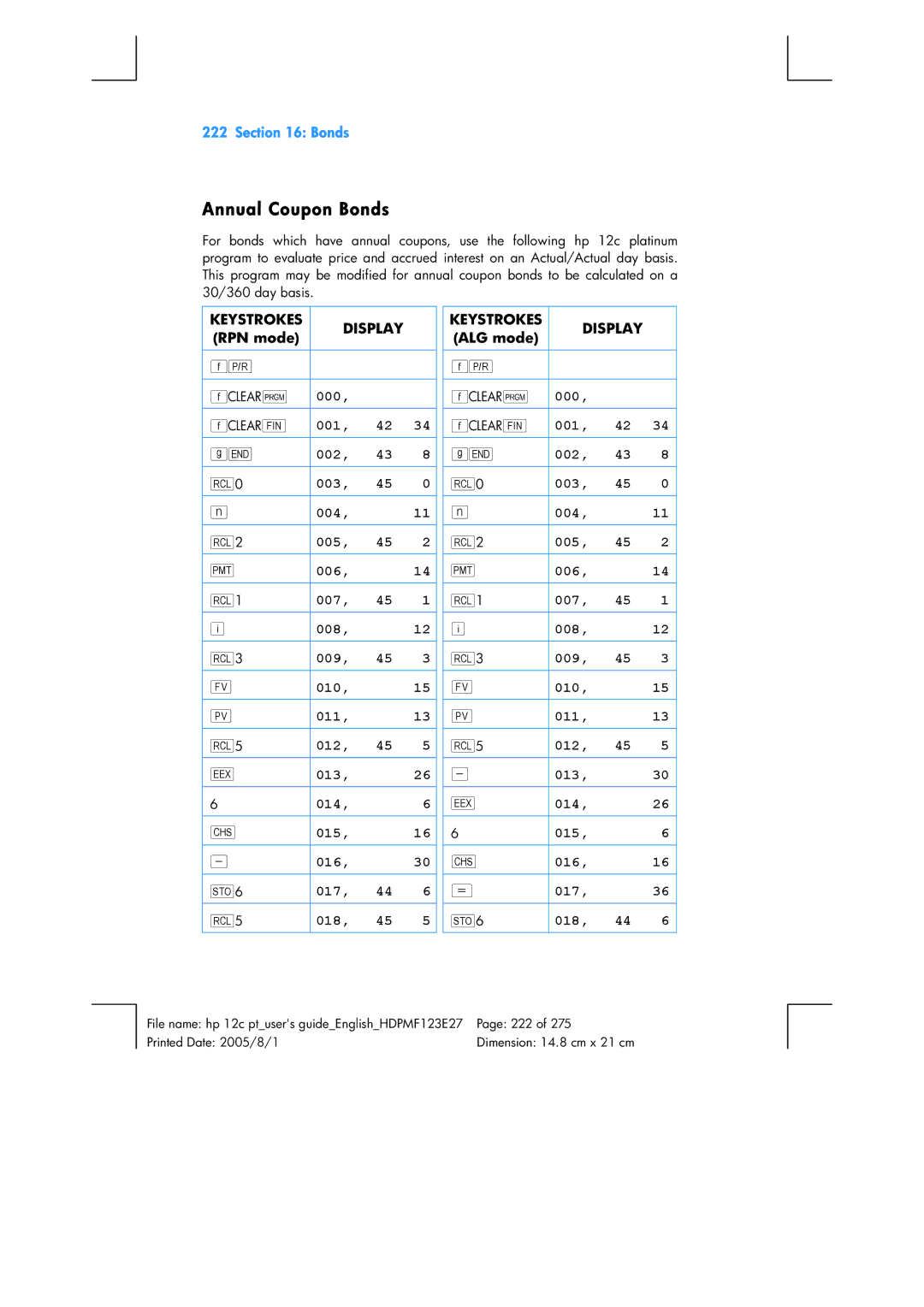 HP 12C Financial 12C manual Annual Coupon Bonds, RPN mode 