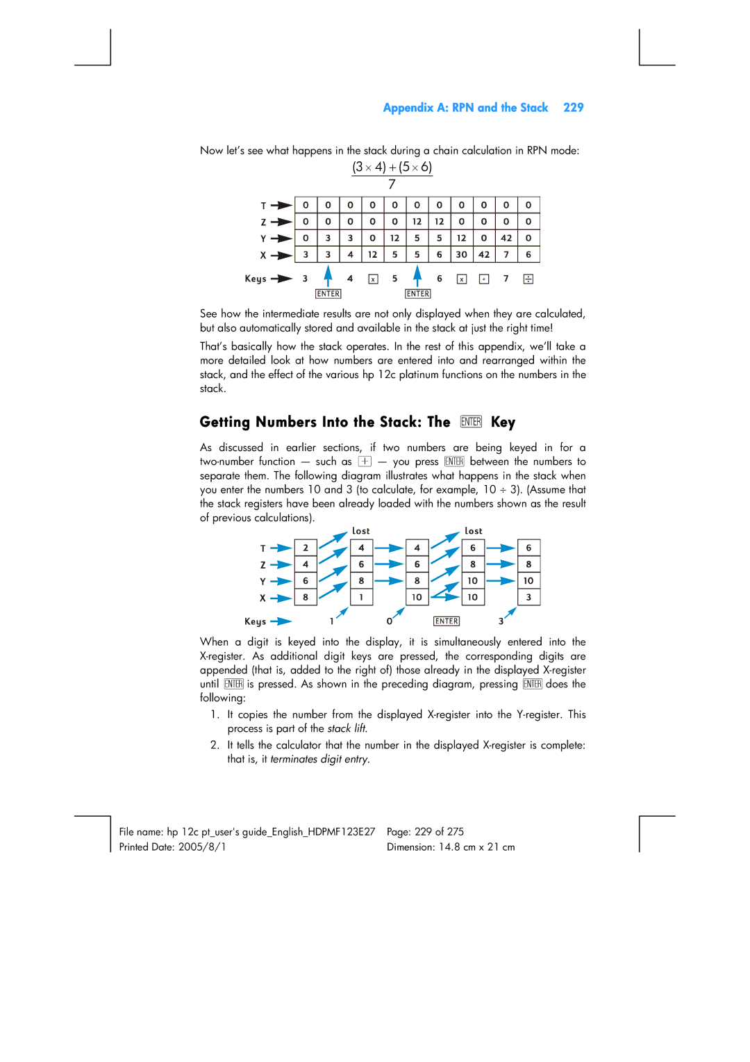 HP 12C Financial 12C manual Getting Numbers Into the Stack The Key, Appendix a RPN and the Stack 