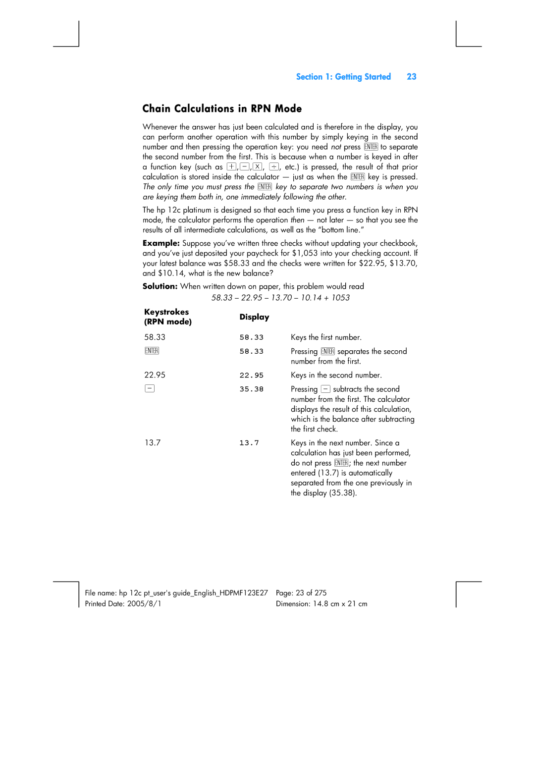 HP 12C Financial 12C manual Chain Calculations in RPN Mode, 22.95, 35.38, 13.7, Keystrokes RPN mode 