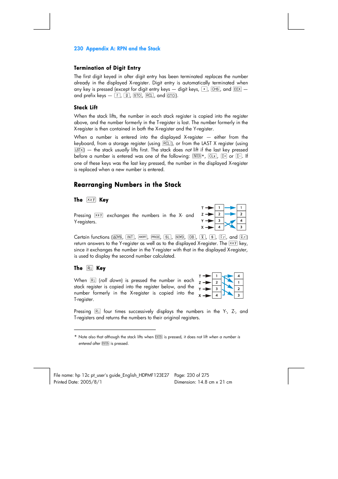 HP 12C Financial 12C manual Rearranging Numbers in the Stack, Termination of Digit Entry, Stack Lift, Key 