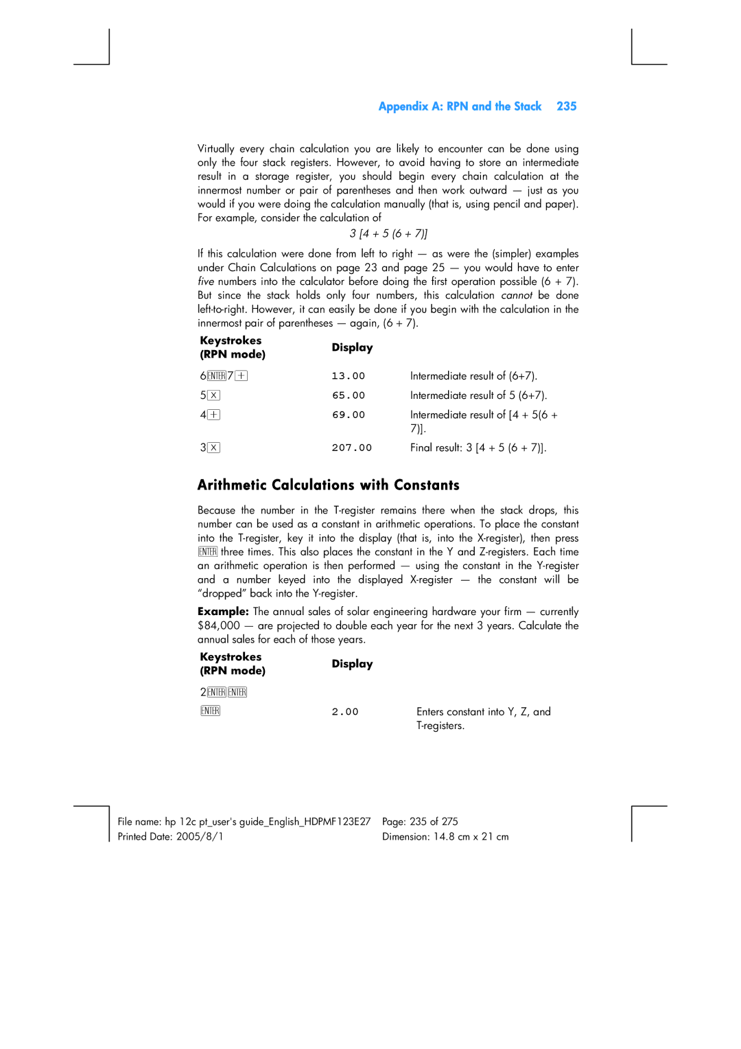 HP 12C Financial 12C manual Arithmetic Calculations with Constants, + 5 6 + 