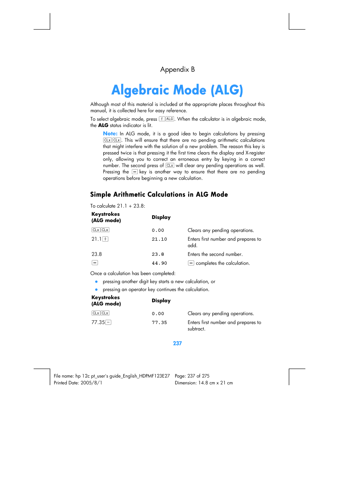 HP 12C Financial 12C manual Algebraic Mode ALG, 237 