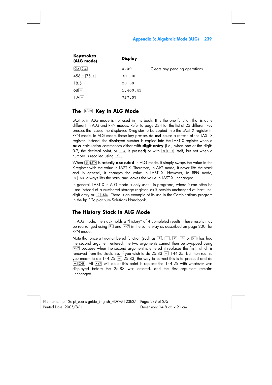 HP 12C Financial 12C manual Key in ALG Mode, History Stack in ALG Mode, 400.43 737.07, 18.5 §, 68 z 