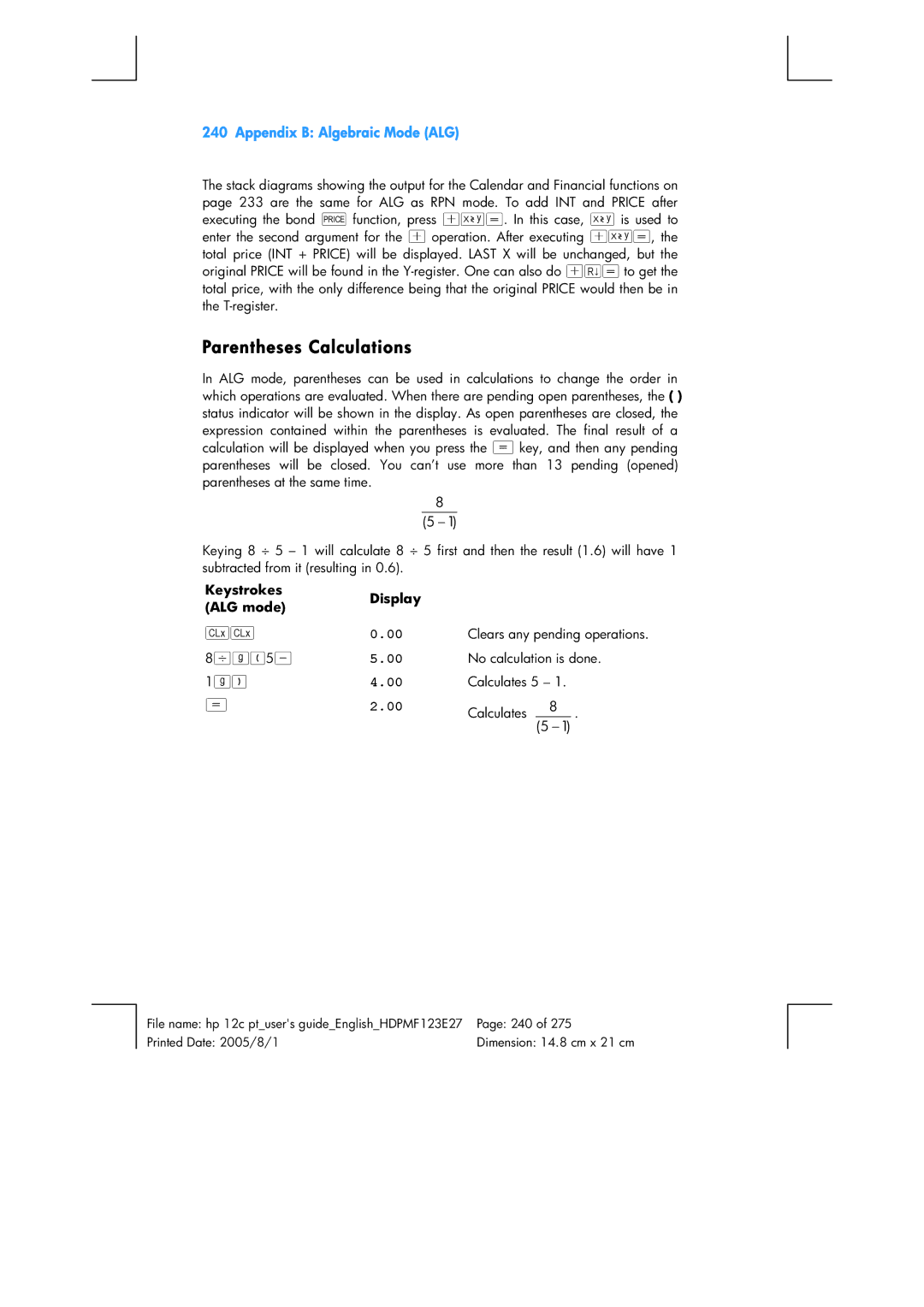 HP 12C Financial 12C manual Parentheses Calculations, 8zgØ 