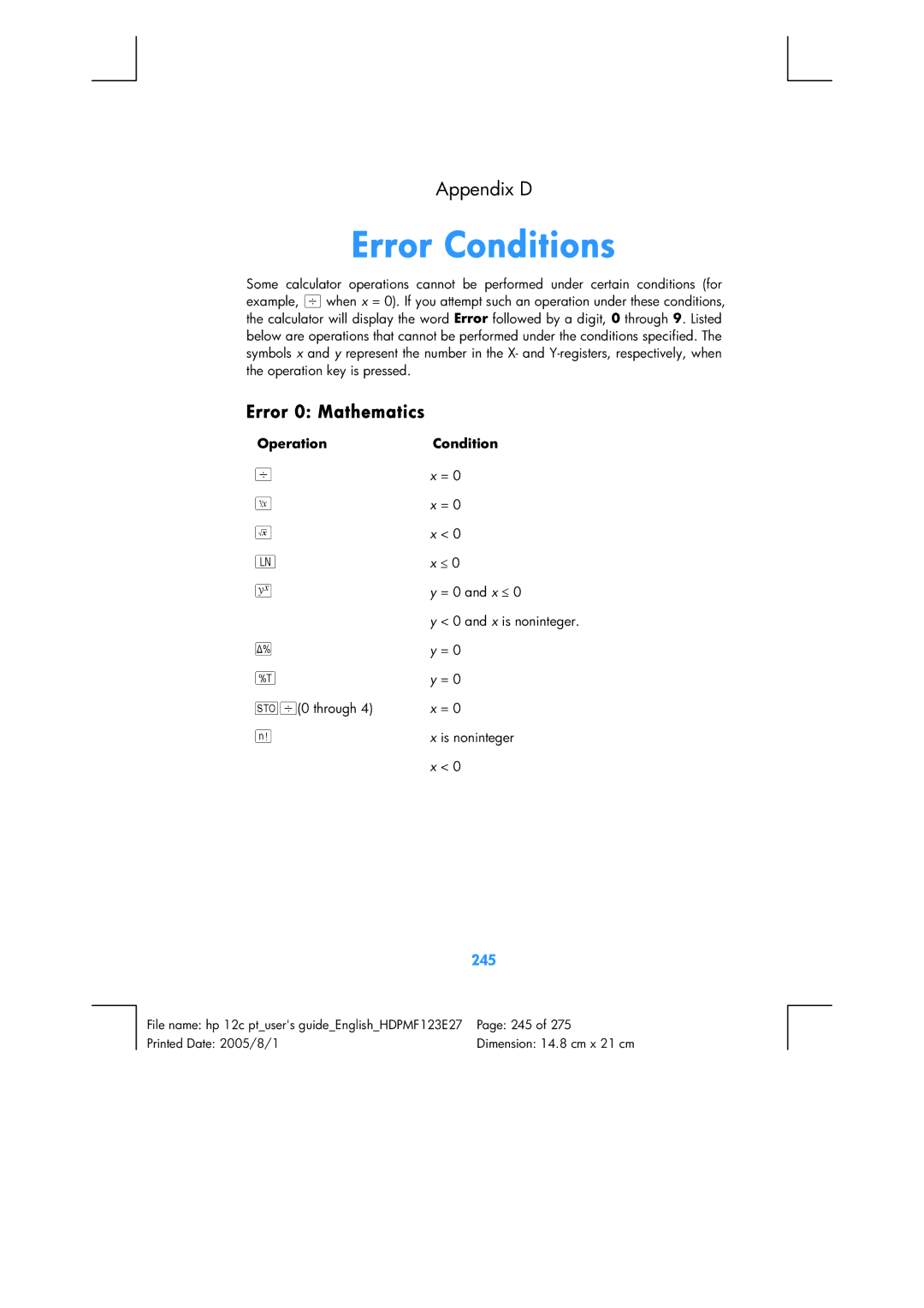 HP 12C Financial 12C manual Error Conditions, Error 0 Mathematics, 245 