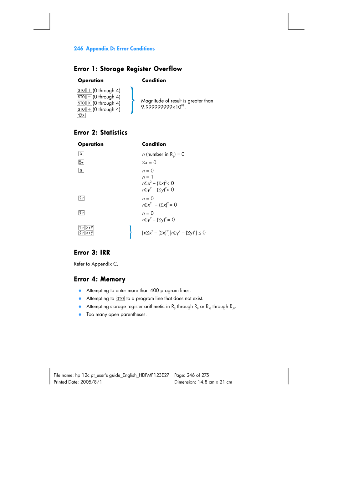 HP 12C Financial 12C manual Error 1 Storage Register Overflow, Error 2 Statistics, Error 3 IRR, Error 4 Memory 