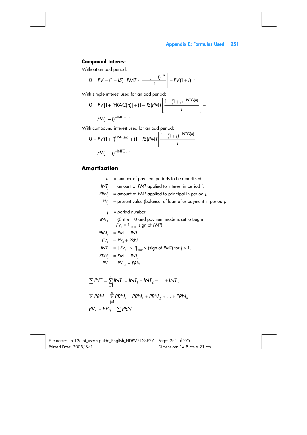 HP 12C Financial 12C manual Appendix E Formulas Used, Compound Interest 