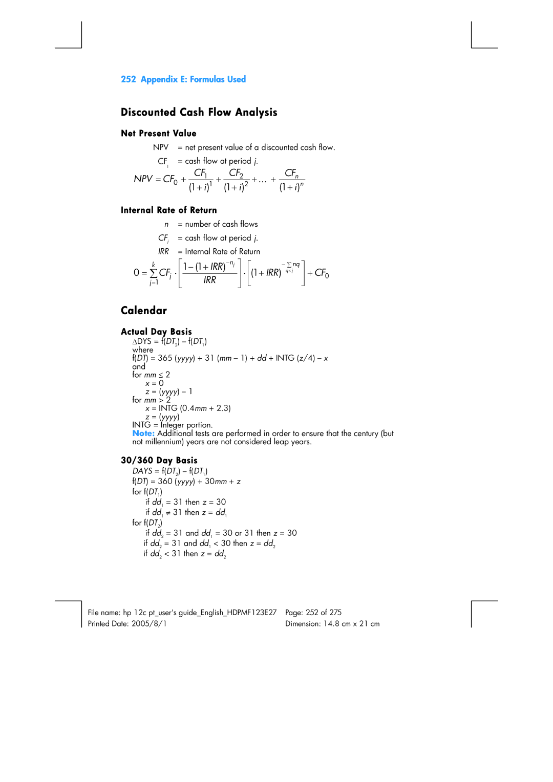 HP 12C Financial 12C manual Discounted Cash Flow Analysis, Calendar 