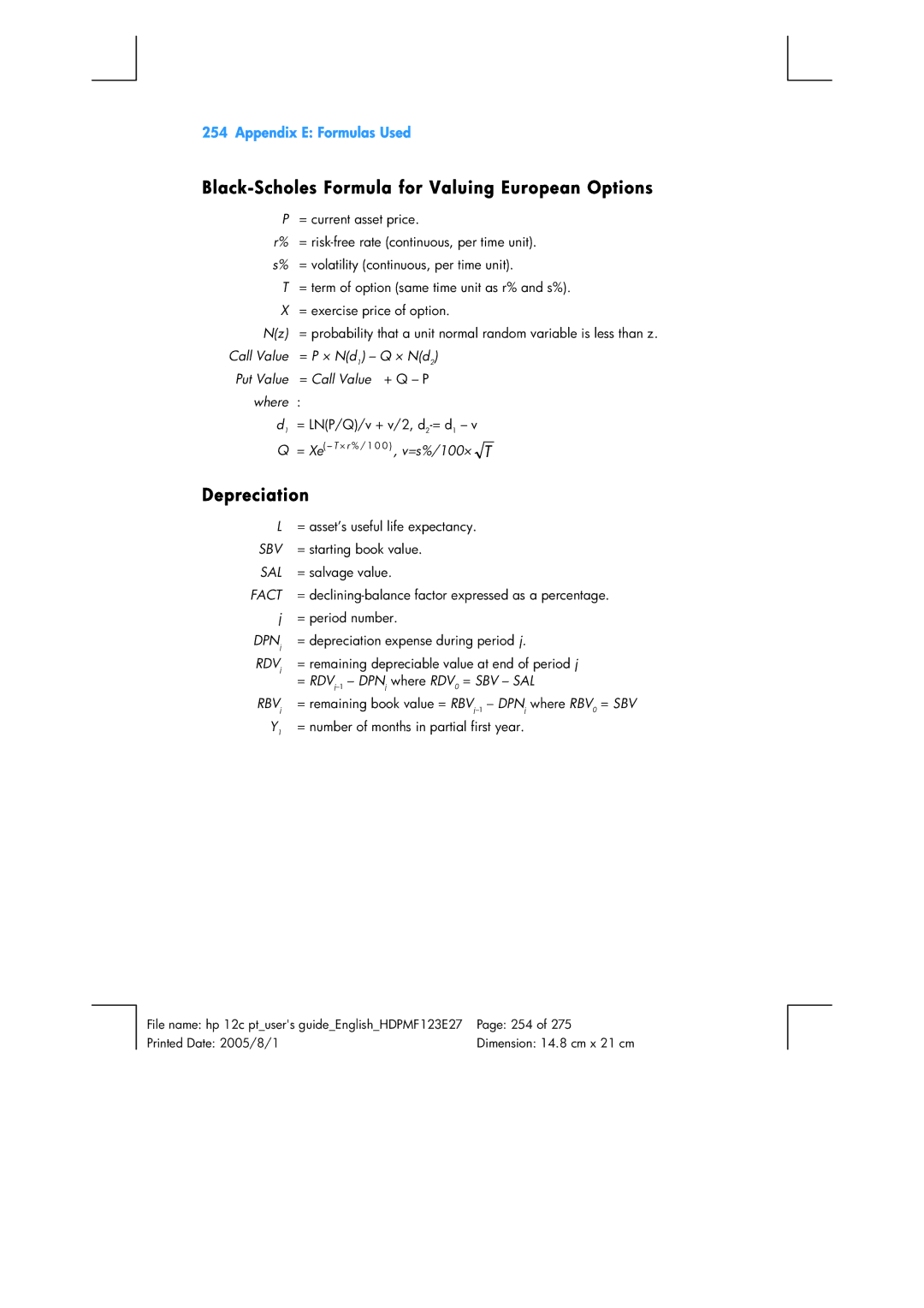 HP 12C Financial 12C manual Black-Scholes Formula for Valuing European Options, Depreciation 