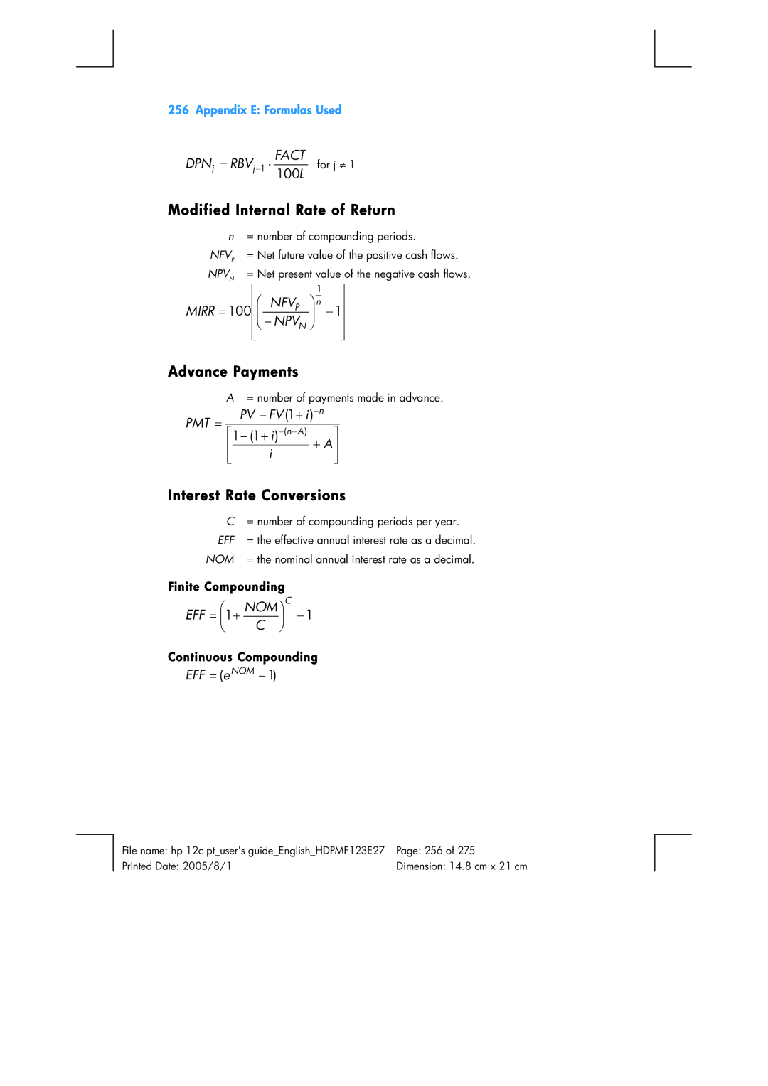 HP 12C Financial 12C manual Interest Rate Conversions, Finite Compounding, Continuous Compounding 