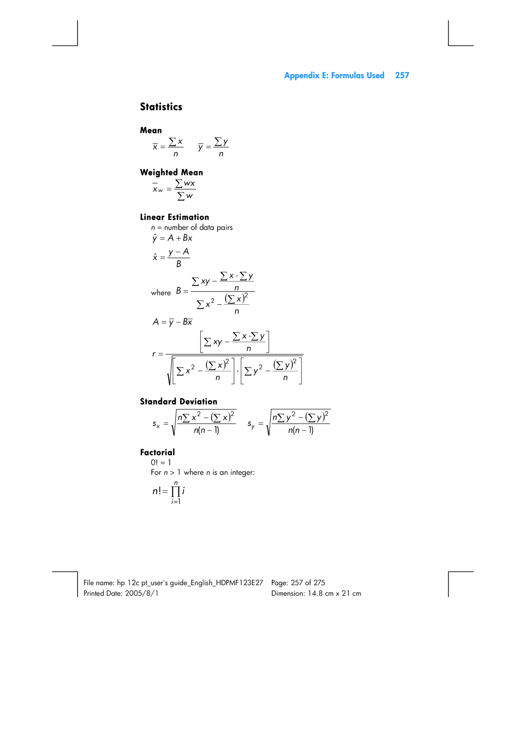 HP 12C Financial 12C manual Statistics, Weighted Mean, Linear Estimation, Standard Deviation, Factorial 