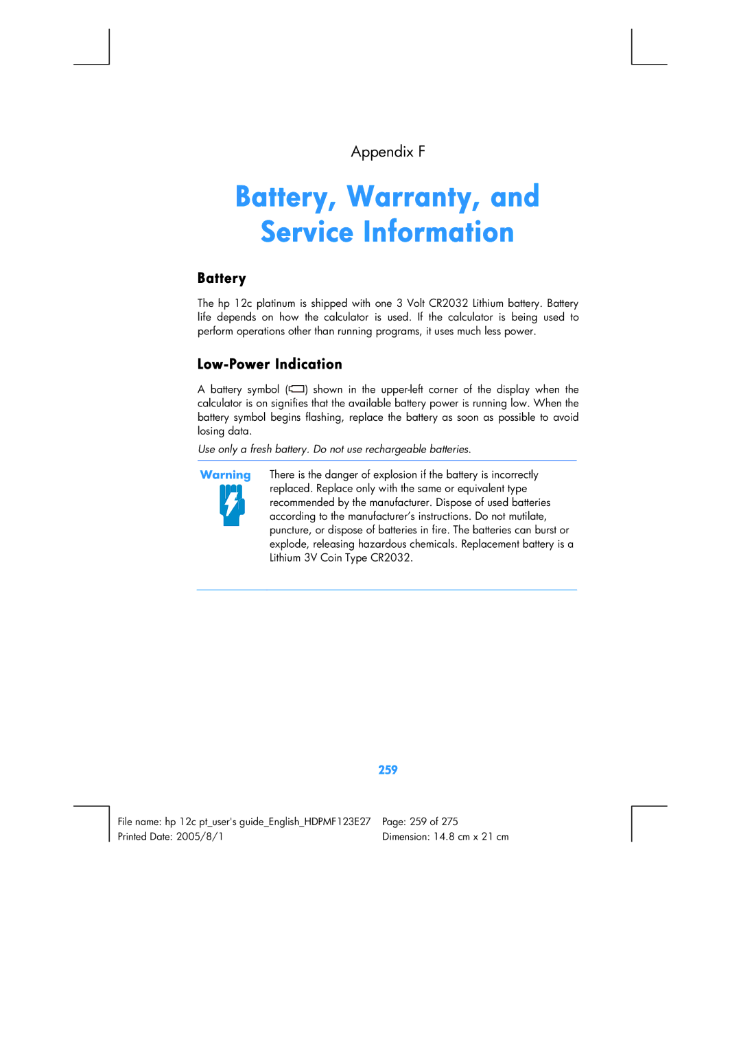 HP 12C Financial 12C manual Battery, Warranty, Service Information, Low-Power Indication, 259 