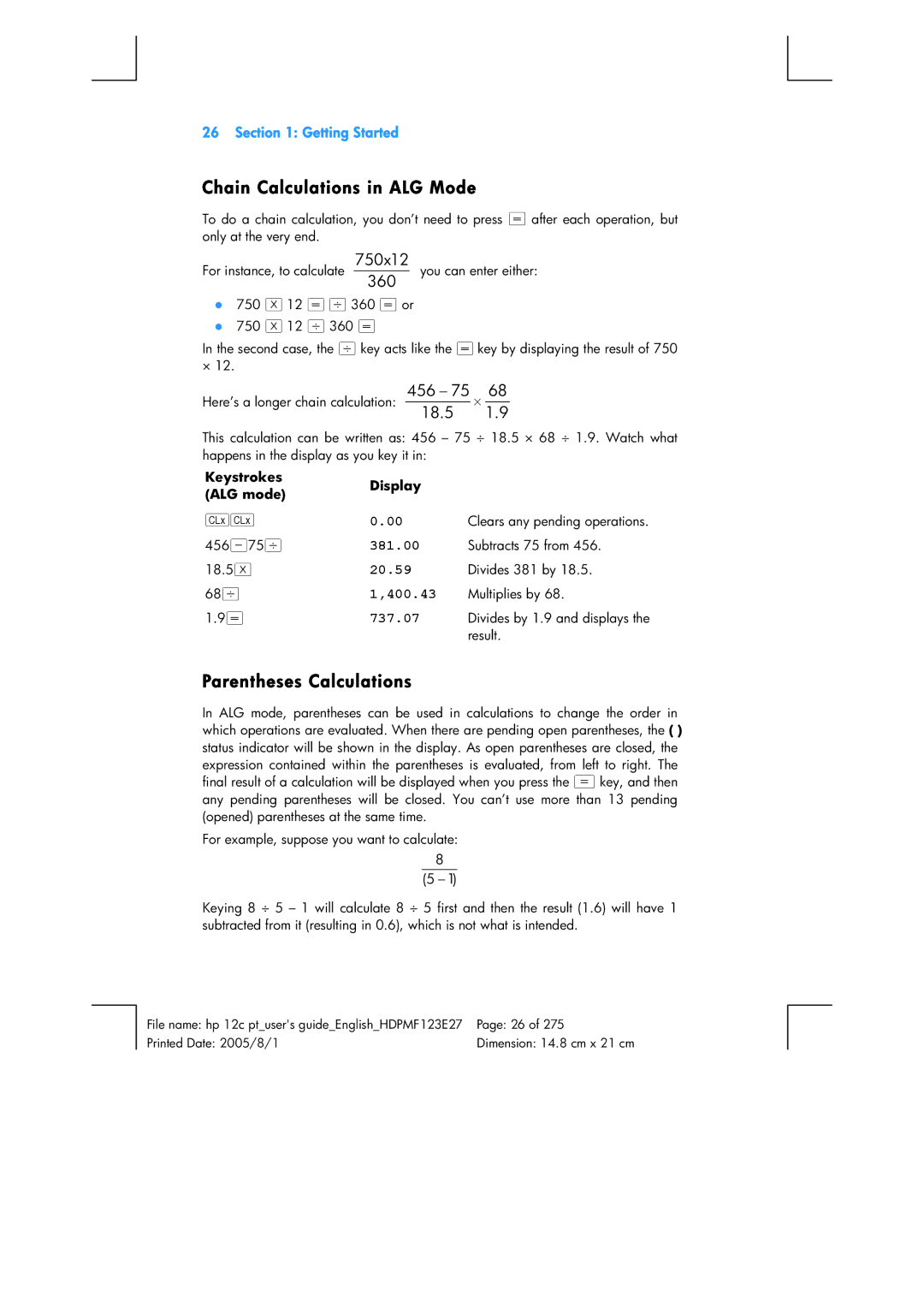 HP 12C Financial 12C manual Chain Calculations in ALG Mode, Parentheses Calculations 