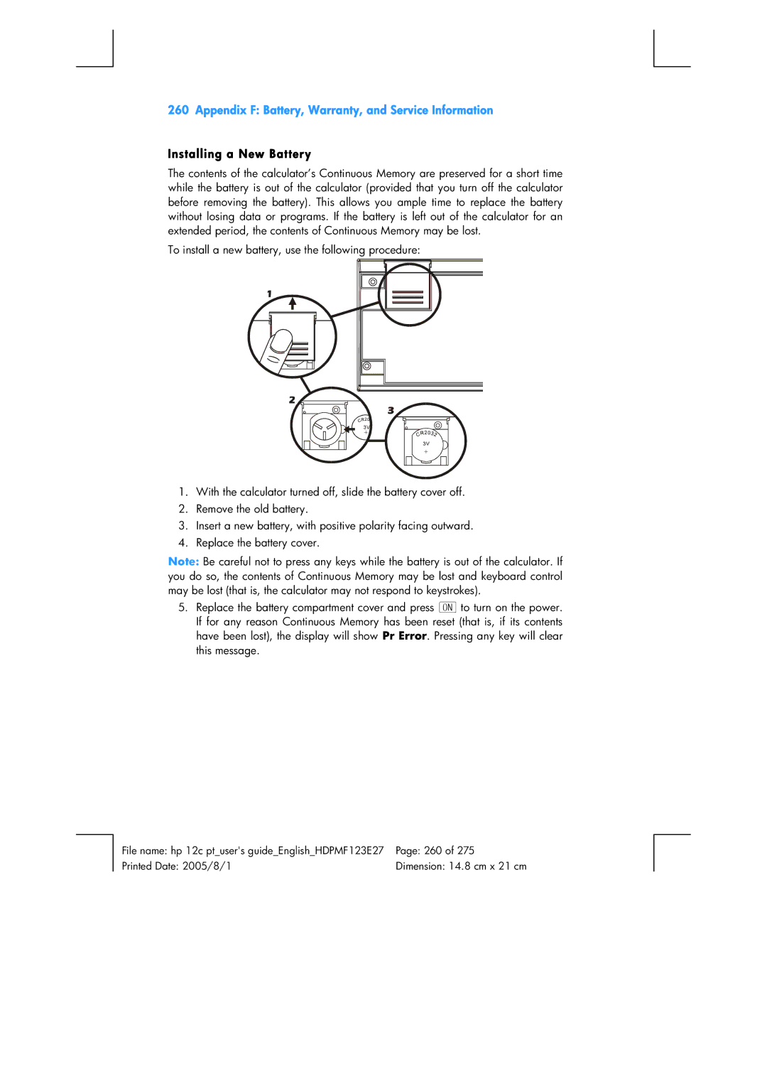 HP 12C Financial 12C manual Appendix F Battery, Warranty, and Service Information, Installing a New Battery 