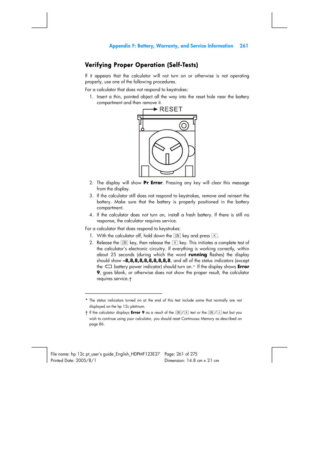 HP 12C Financial 12C manual Verifying Proper Operation Self-Tests 