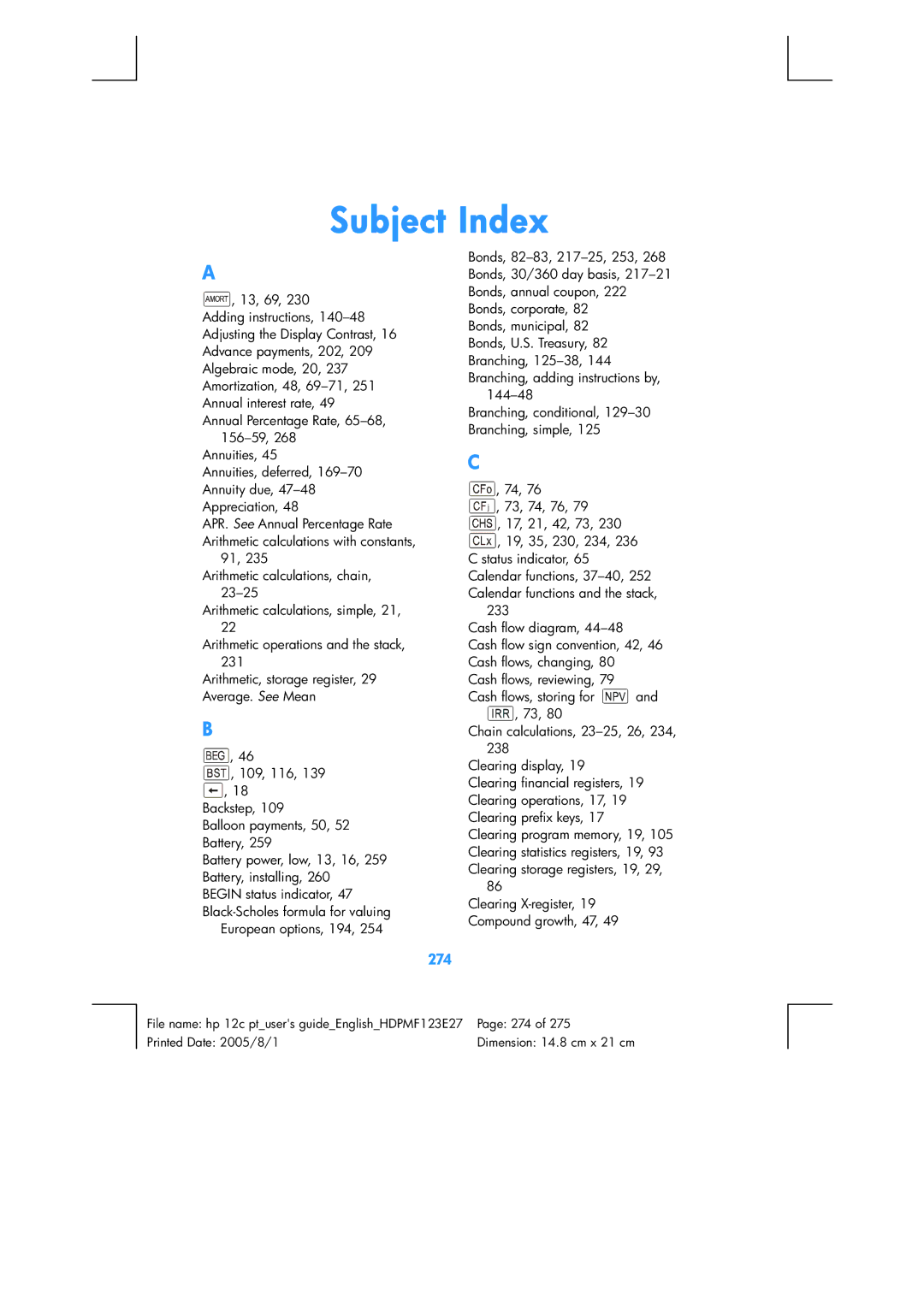 HP 12C Financial 12C manual Subject Index, 274 