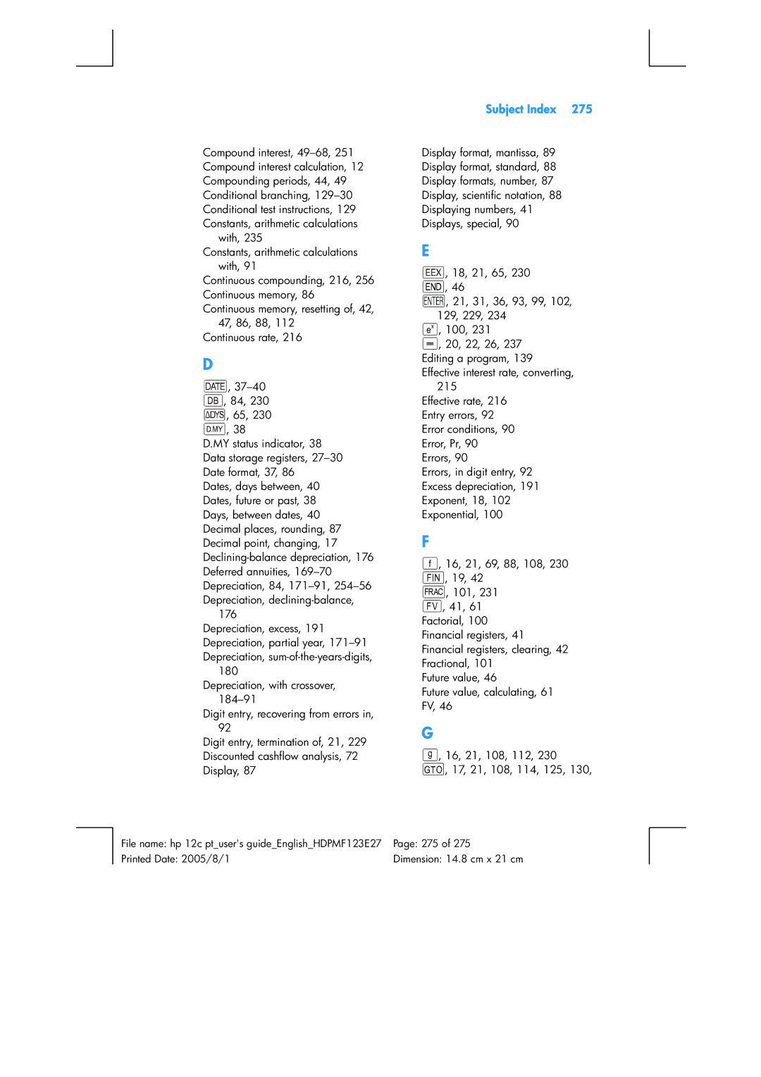 HP 12C Financial 12C manual Subject Index 