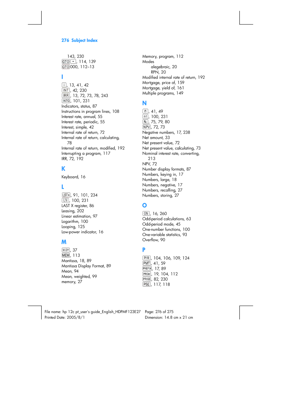 HP 12C Financial 12C manual Subject Index 