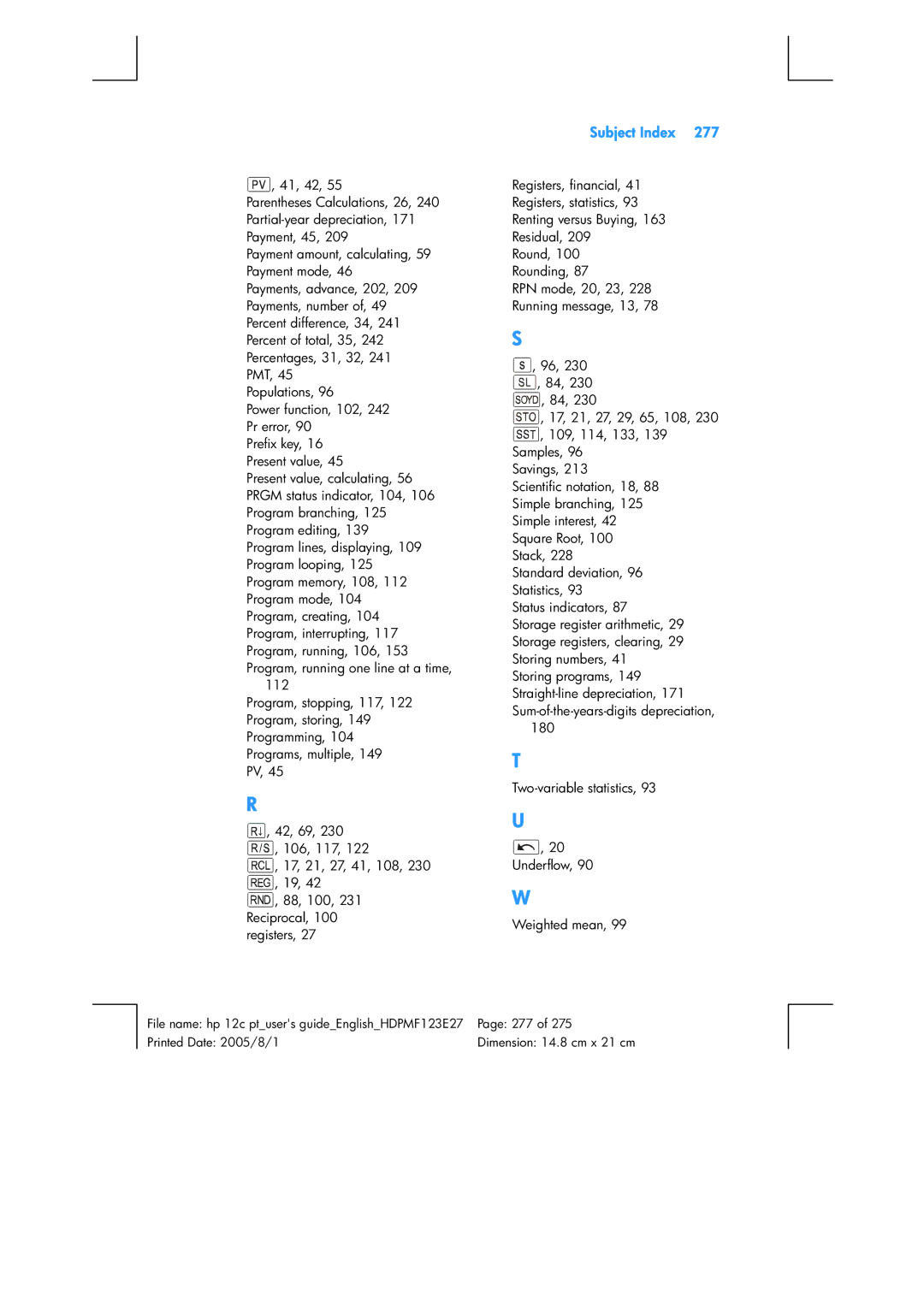 HP 12C Financial 12C manual Subject Index 