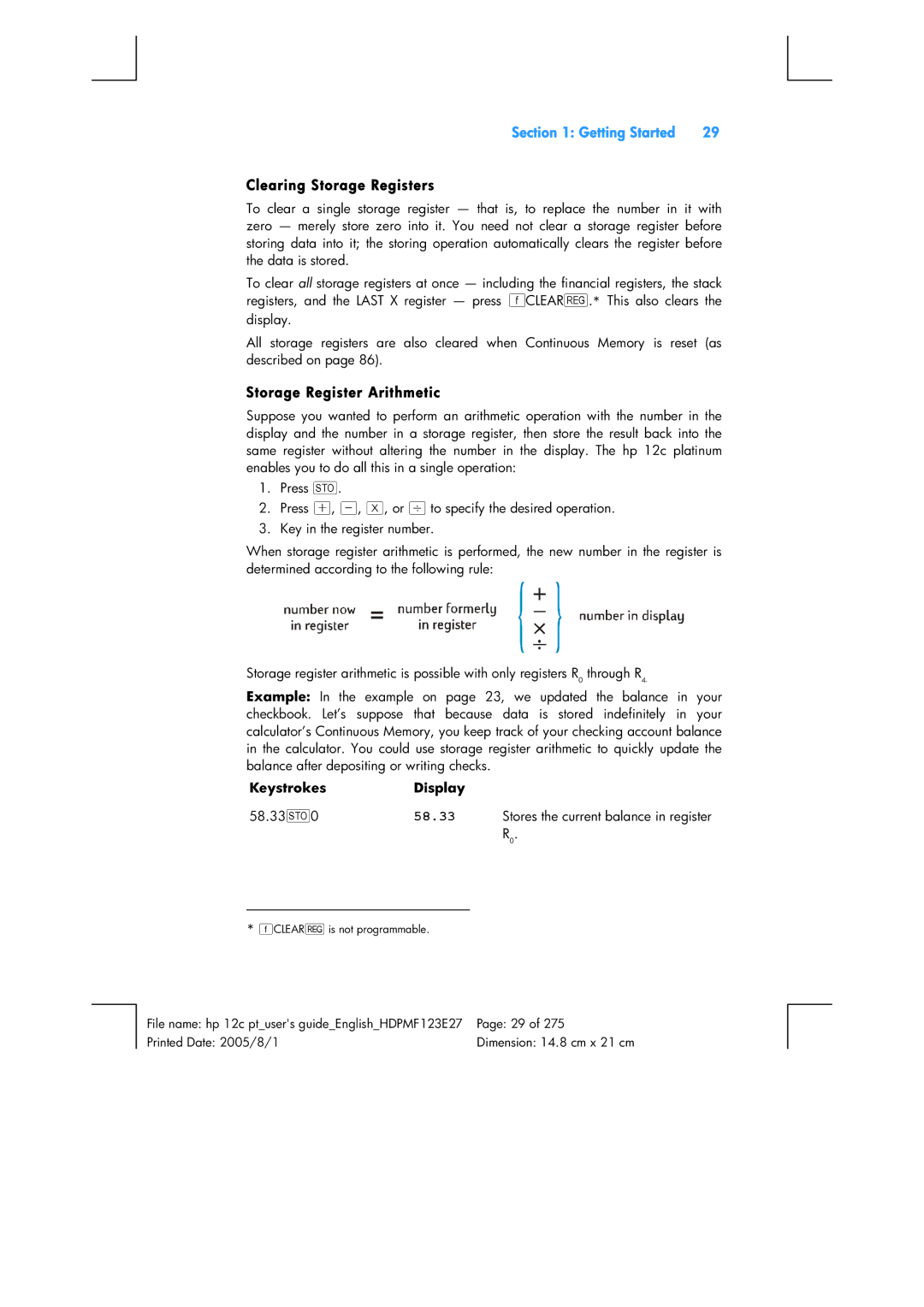 HP 12C Financial 12C manual Clearing Storage Registers, Storage Register Arithmetic, 58.33 