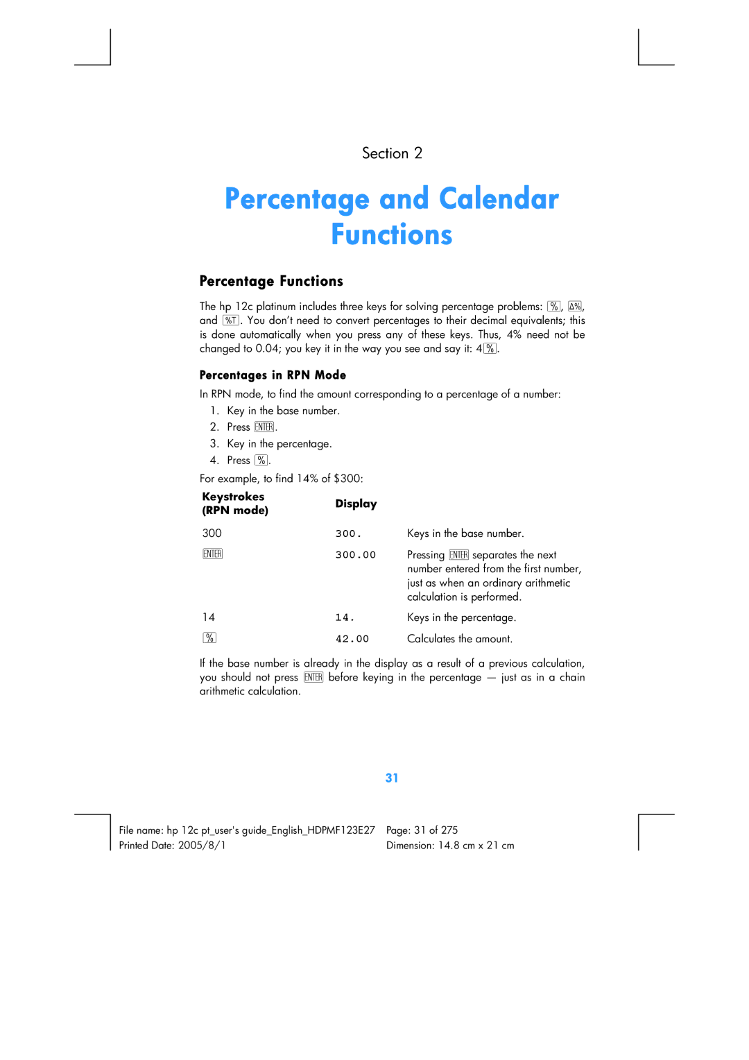 HP 12C Financial 12C manual Percentage and Calendar Functions, Percentage Functions, Percentages in RPN Mode, 300.00 