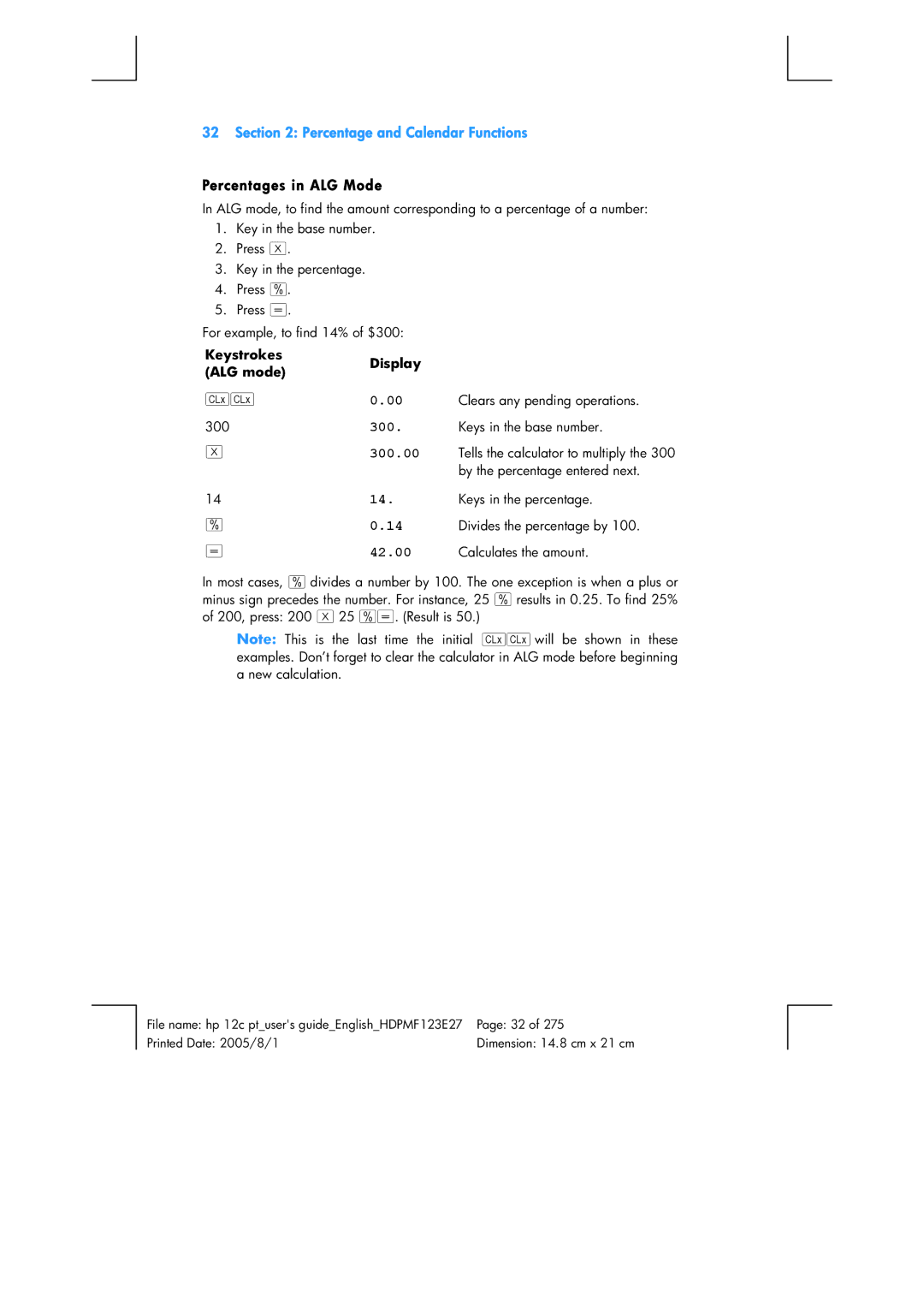 HP 12C Financial 12C manual Percentage and Calendar Functions, Percentages in ALG Mode 