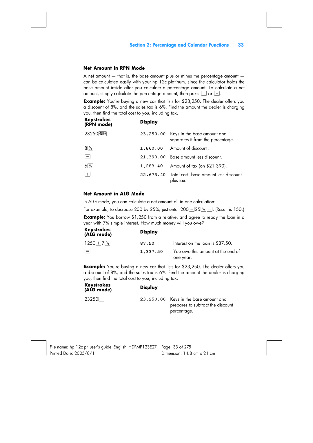 HP 12C Financial 12C manual 860.00, 21,390.00, 283.40, 22,673.40, 87.50, 337.50 