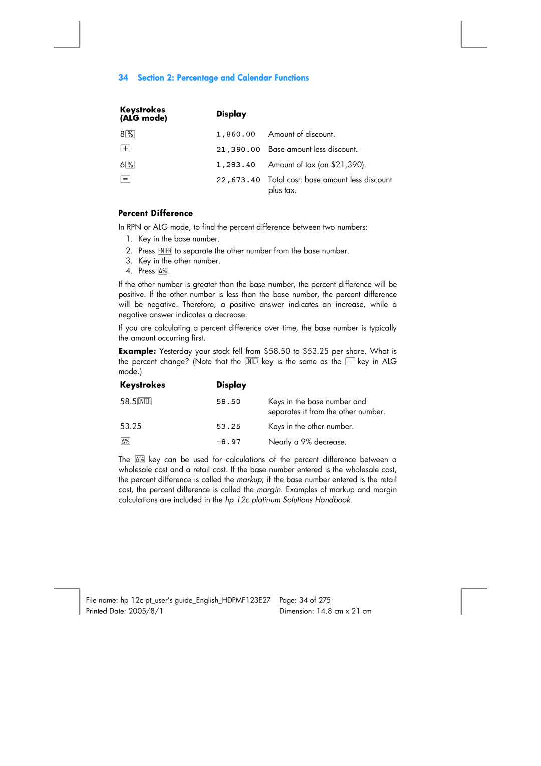 HP 12C Financial 12C manual Percent Difference, 58.50, 53.25, Keystrokes ALG mode Display 