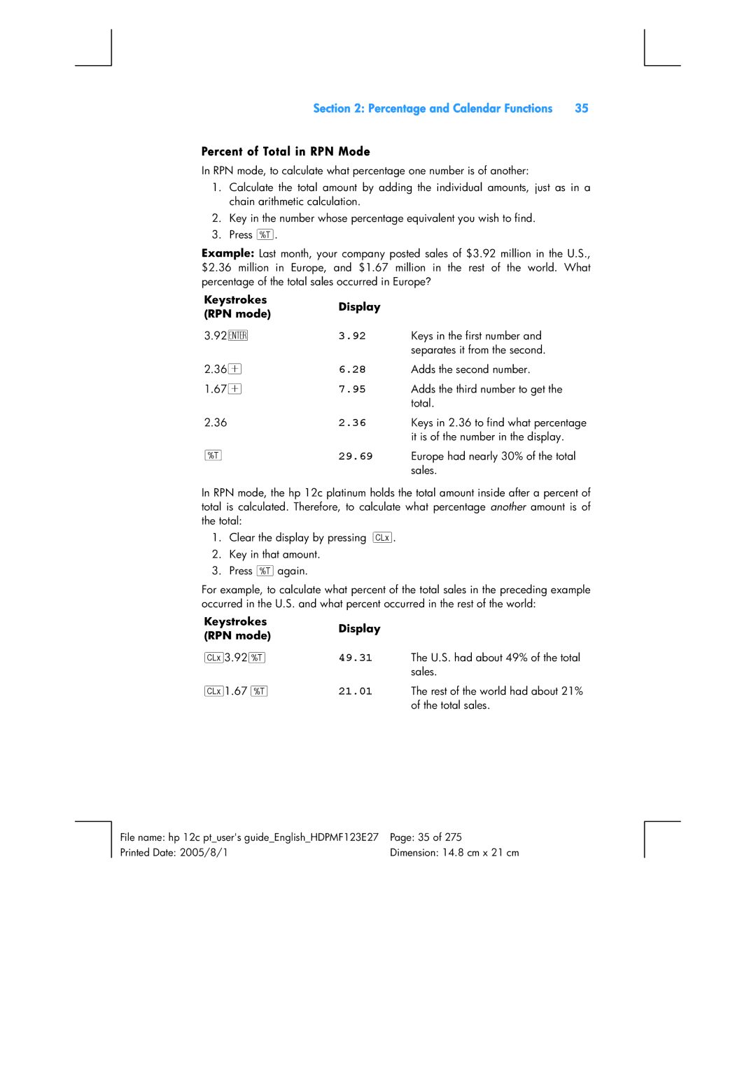 HP 12C Financial 12C manual Percent of Total in RPN Mode, 29.69 