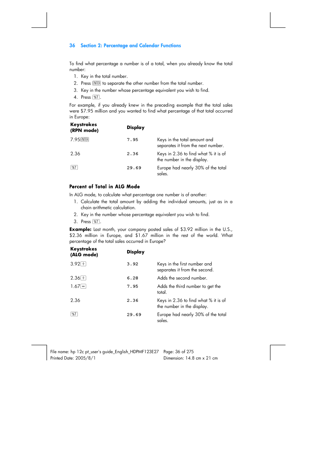 HP 12C Financial 12C manual Percent of Total in ALG Mode, Keystrokes ALG mode 