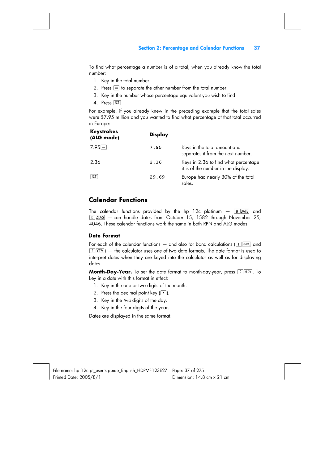 HP 12C Financial 12C manual Calendar Functions, Date Format 