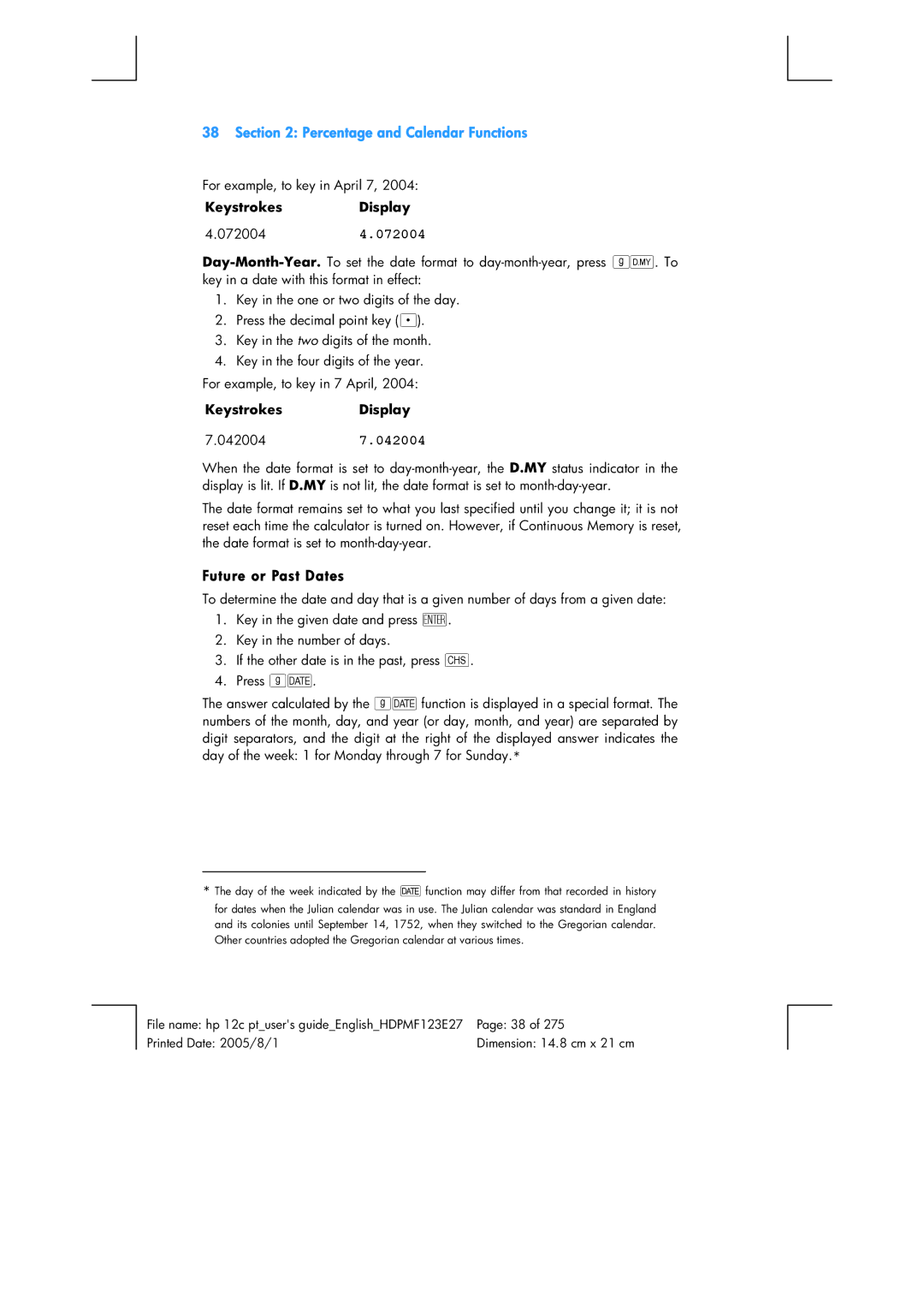 HP 12C Financial 12C manual Future or Past Dates, Keystrokes Display 