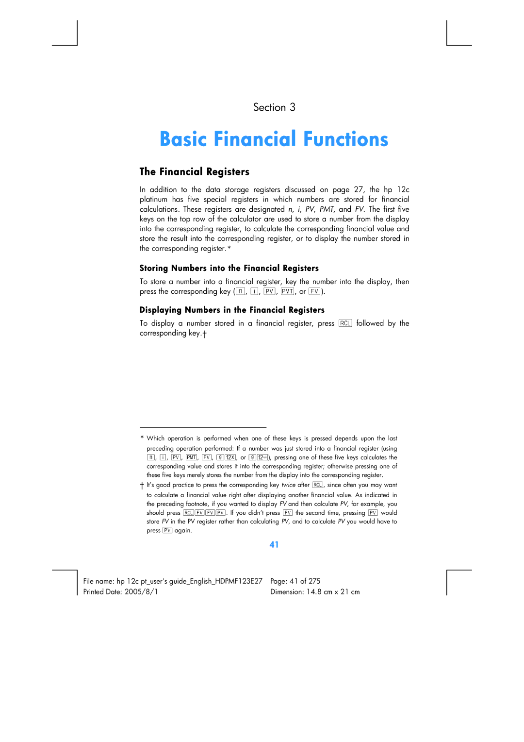 HP 12C Financial 12C manual Basic Financial Functions, Storing Numbers into the Financial Registers 