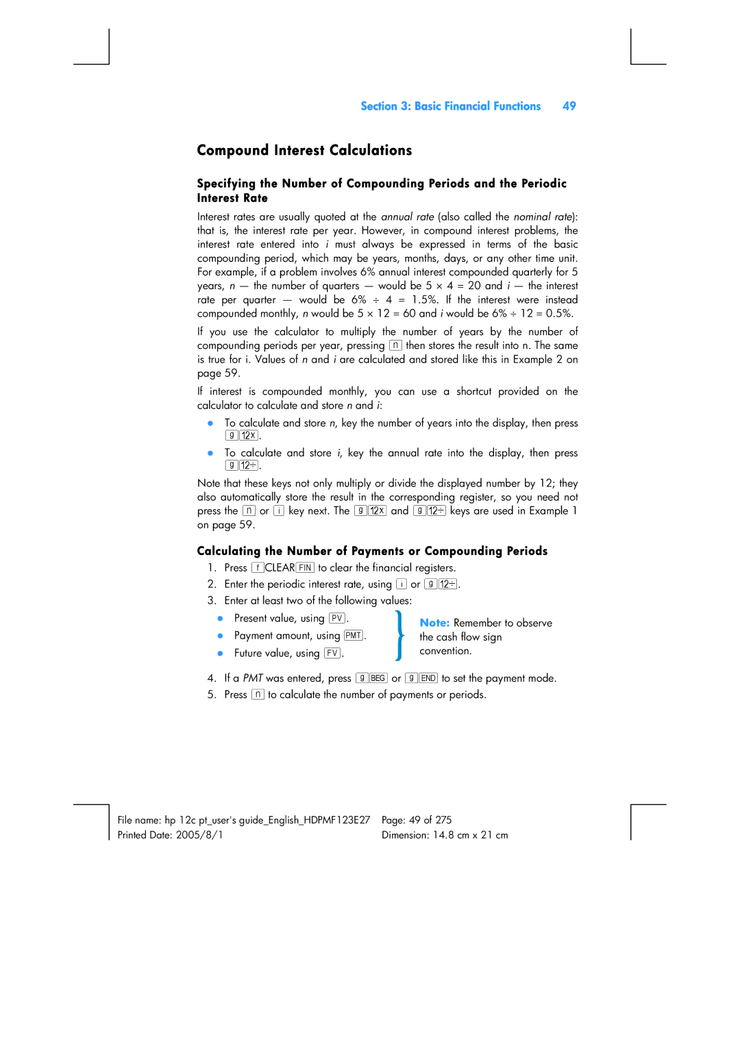 HP 12C Financial 12C manual Compound Interest Calculations, Calculating the Number of Payments or Compounding Periods 